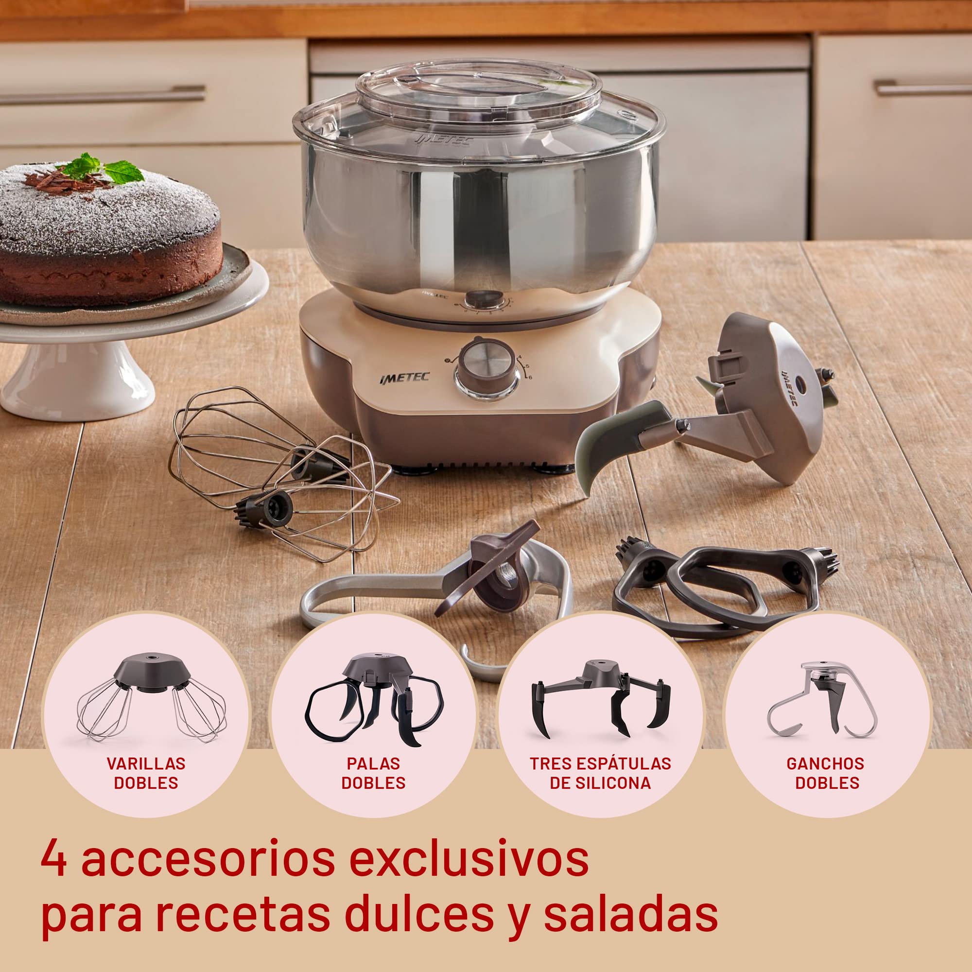 Imetec CakeLover, Batidora planetaria para dulces, Cremas y masas saladas, equipada, Compacta, 1500 W, Recipiente de acero inoxidable, 5 Litros, 6 Velocidades, Recetario, Color Negro/Beige
