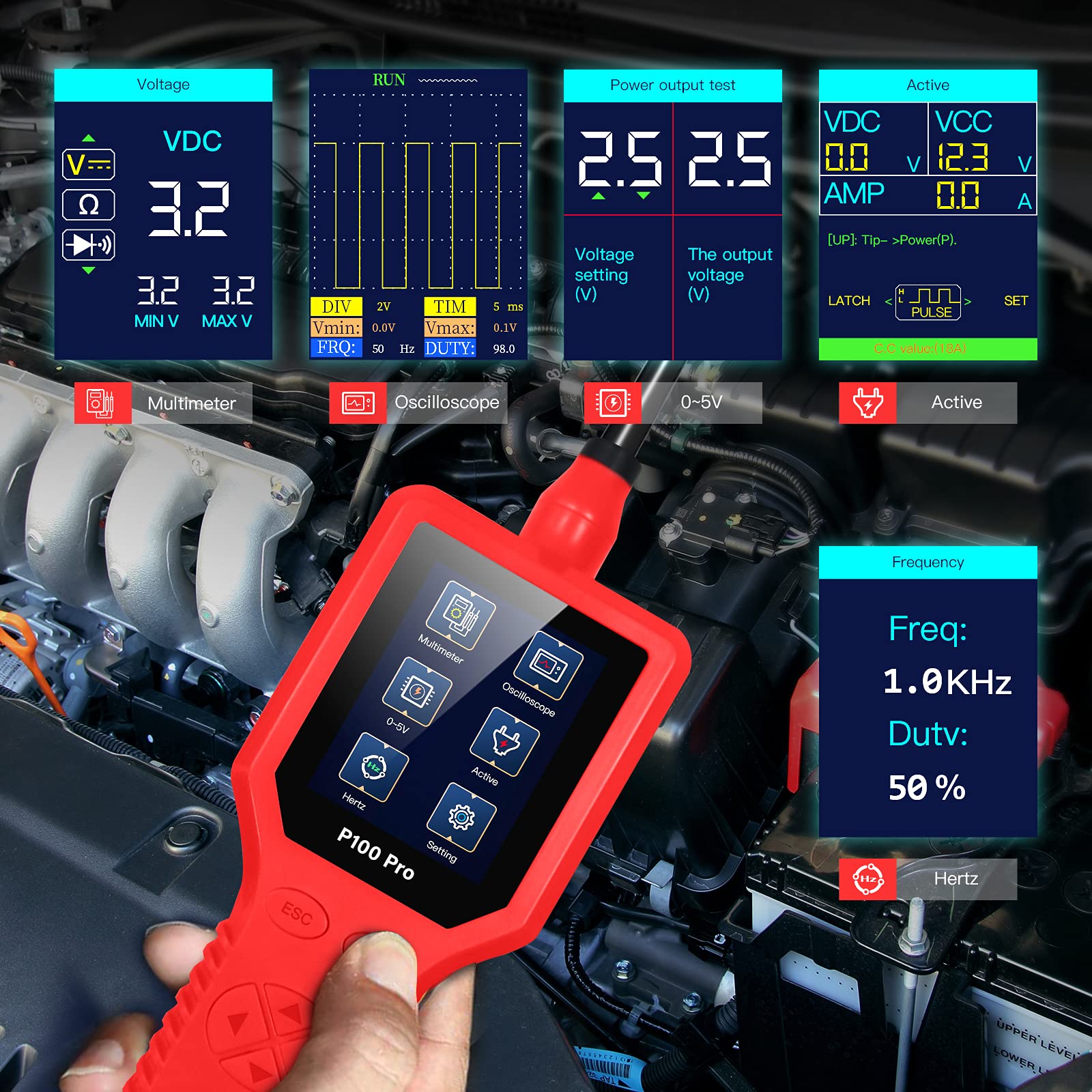 P100 Pro Kfz-Stromkreistester, Schnelles Testen, Professionelles Multimeter für Auto- und Motorrad-Enthusiasten, Schwarzes Kunststoffmaterial (Rot)