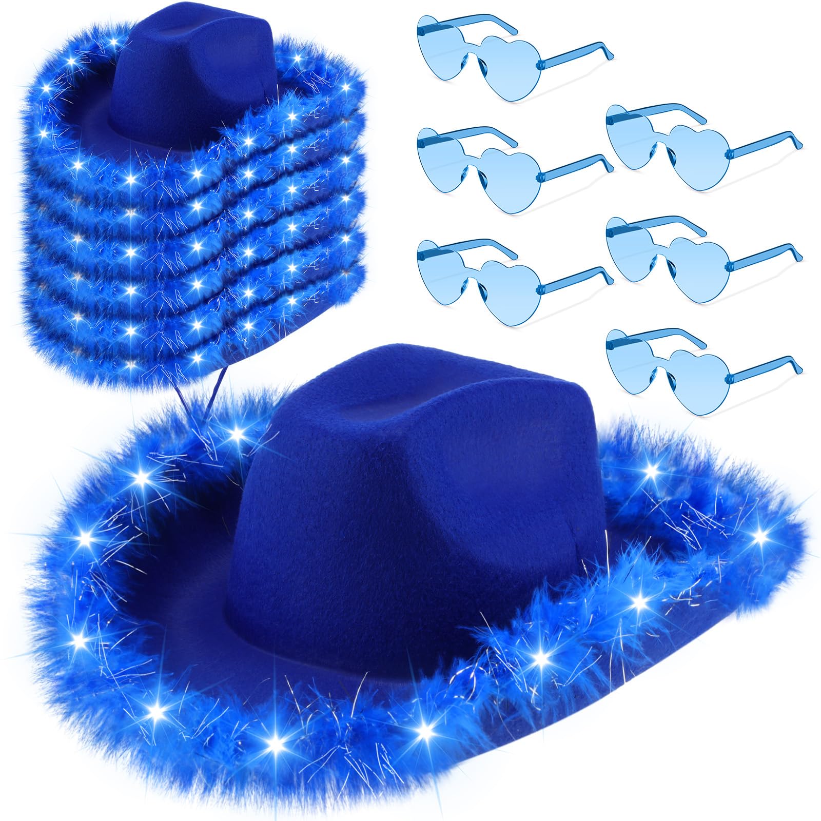 Zhanmai 6 Pieces Cowgirl Light up Hat with Feather Boa, 6 Pieces Heart Sunglasses Set for Girls Bachelorette Costume Party(Blue)