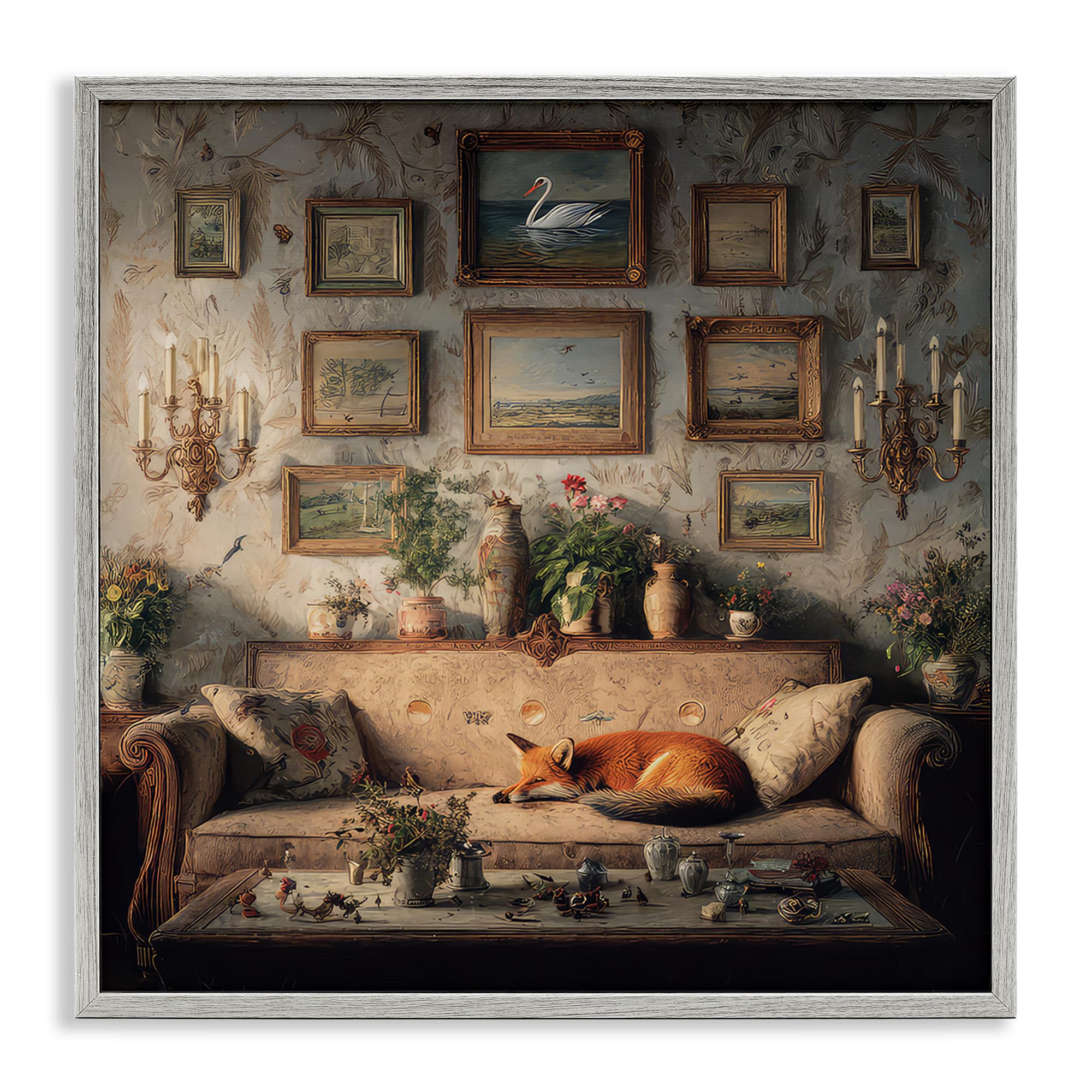 Stupell Industries 'Vintage Parlor with Fox', Framed Giclee Art, Gray, 12 x 12 Inches, Easy to Hang and Sturdy, Made in USA, by The Wands Want
