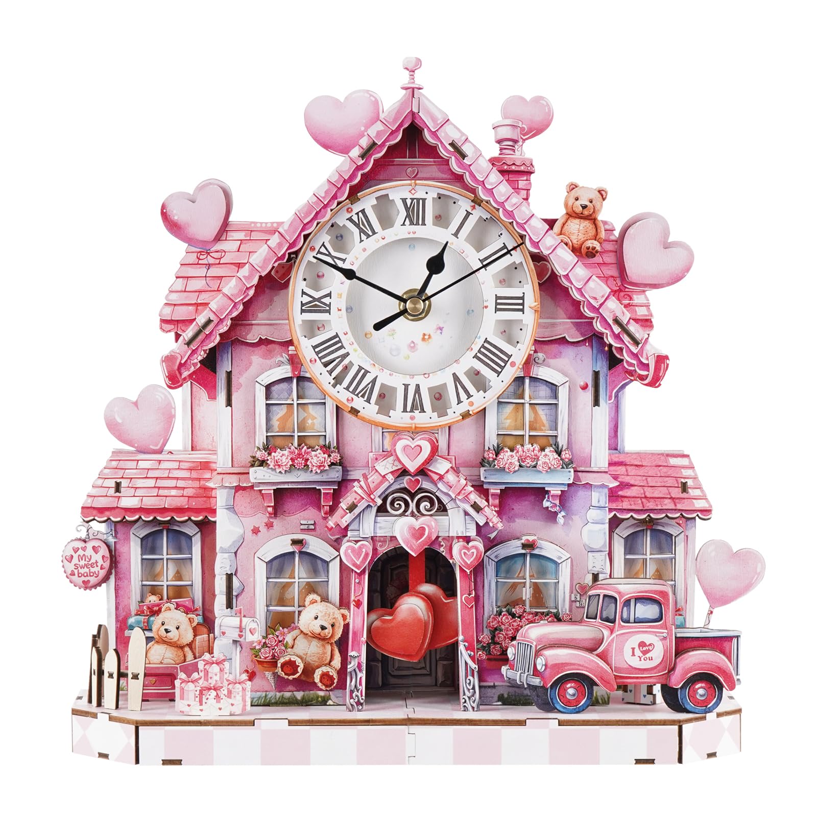 WOODBESTS Valentines Gifts 3D Puzzles for Adults - Sweetheart Cottage Wooden Clock with Functional Timepiece,Mechanical Wooden Model Kits,DIY Wall Art Clock Valentines Gift for Her,Women,Teens