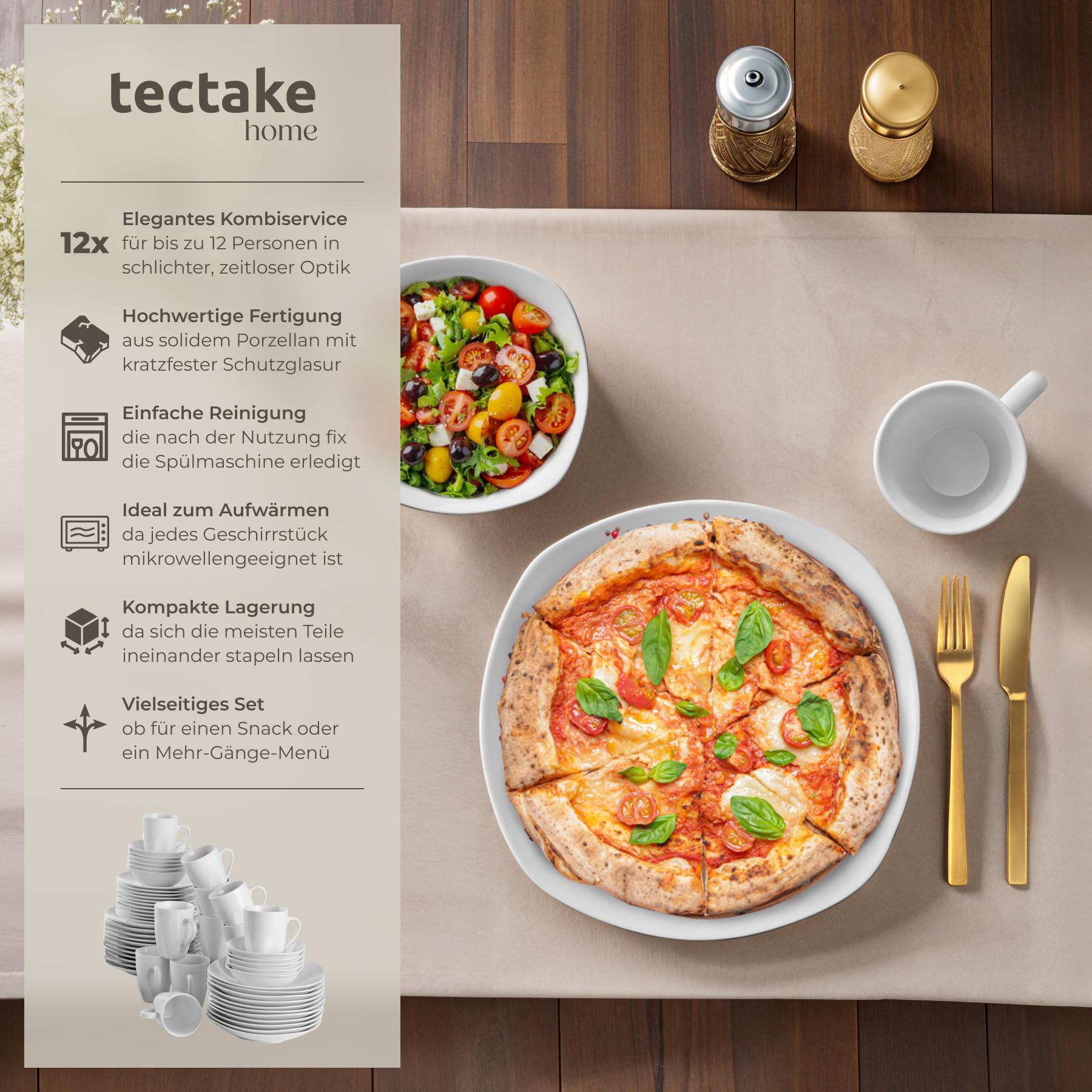 tectake® Geschirrset 12 Personen, Porzellan Geschirr Set 100tlg, u.a. 12x Dinner Teller Set, 12x Dessertteller, 12x tiefe Teller, 12x Tasse, 12x Müslischale, Salatschüssel, Milchkännchen, Zuckerdose