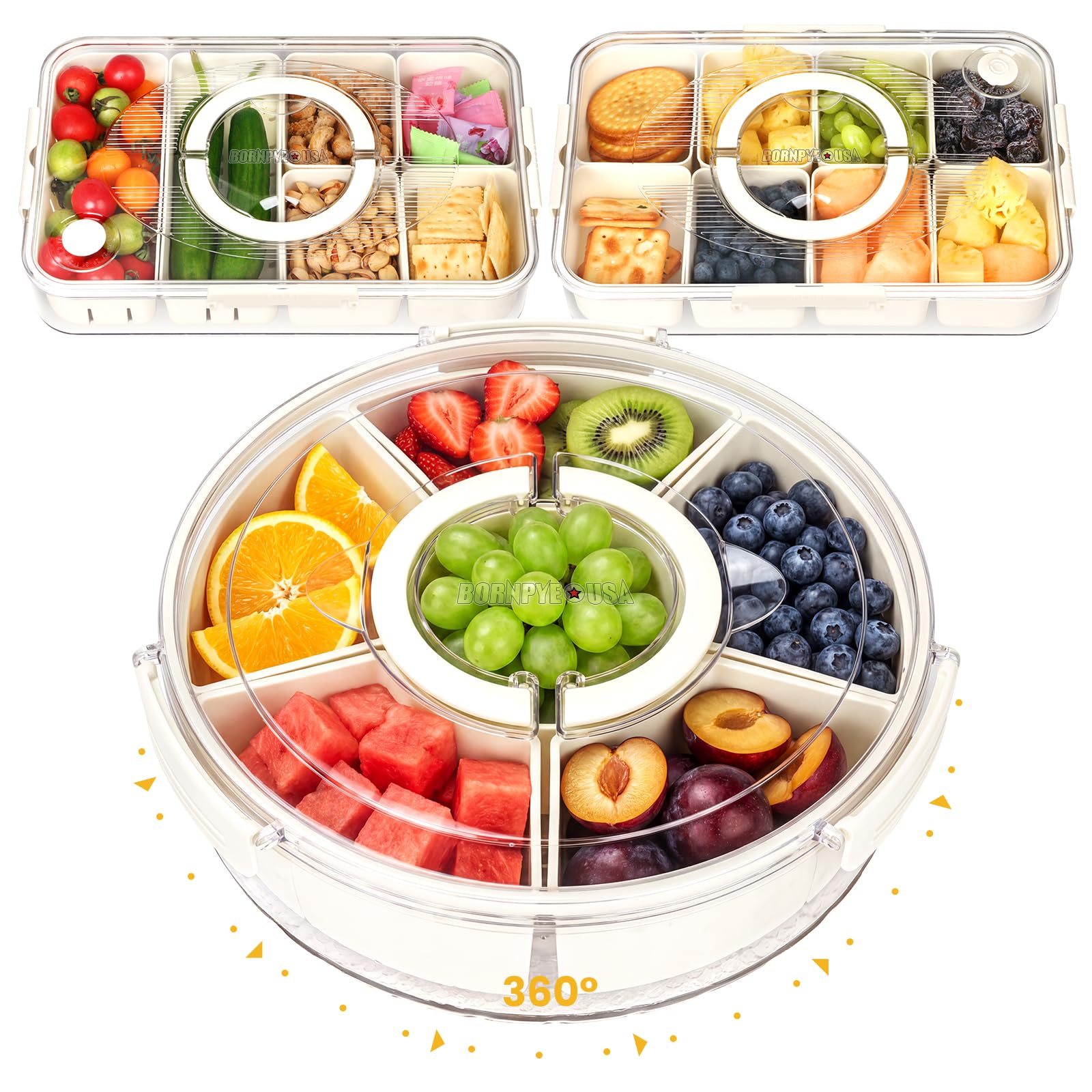 3-Piece Snackle Box Container Set, 2 Rectangle & 1 Round 8-Compartment Snack Organizer, Airtight Leakproof Food Storage Tray with Lid for Charcuterie, Fruits, Picnic, Travel & Fridge