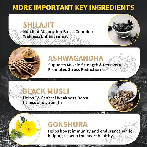 Miniatura 5 de Gomitas Shilajit, gomitas puras del Himalaya Shilajit doradas, sin azúcar añadido, sin OMG, 100% naturales y orgánicas, Ashwagandha, Gokshura, ácido