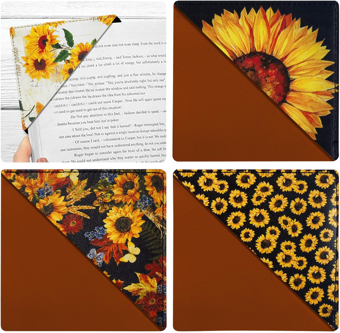 Personalized Leather Bookmarks, Fun Corner Pge Book Marks, Vintage Book Accessories for Reading Lovers Women Student Teacher Retirement Birthday Gifts (4 Pack Cute Sunflower)