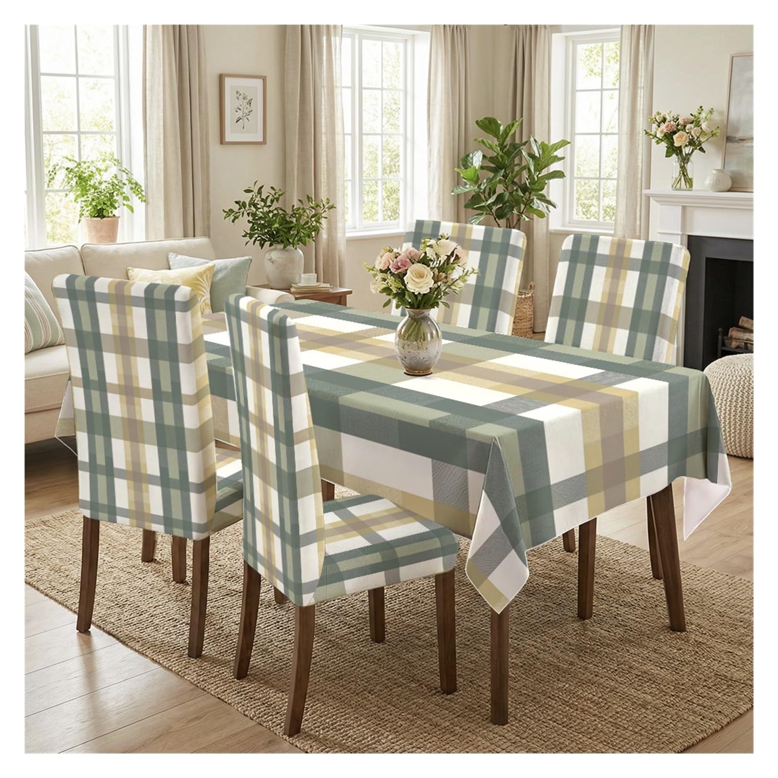 BOSUYBN Sage Olive Green Classic Tartan Plaid Dining Chair Covers & Tablecloth Set, 5/7 Piece Farmhouse Neutral Check Slipcovers For All Season Decor Table Setting(5pcs Set: Tablecloth+Chair Covers)