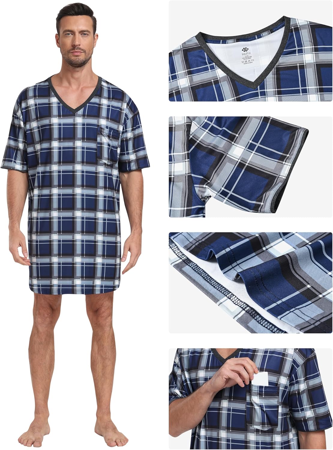 MoFiz Men's Nightshirt Soft Pajamas V Neck Short Sleeve Nightgown Loose Sleepwear Nightwear Comfy Sleep Shirt S-3XL - Image 4
