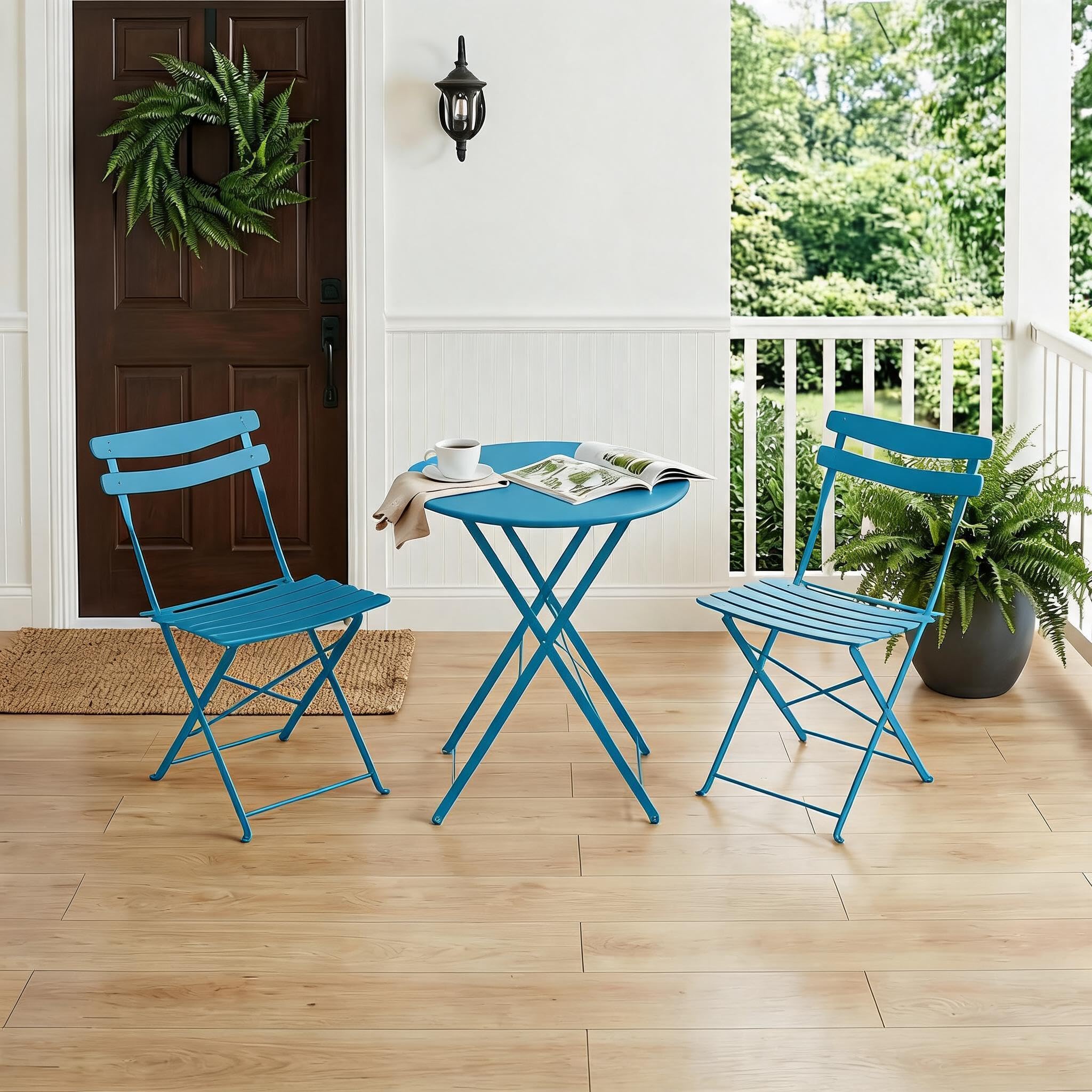 GarveeMore Bistro Table and Chairs Set 2, Foldable 3 Piece Metal Bistro Sets for 2 for Garden, Lightweight Iron Patio Furniture Set with Folding Table and Chairs for Garden and Patio, Peacock Blue