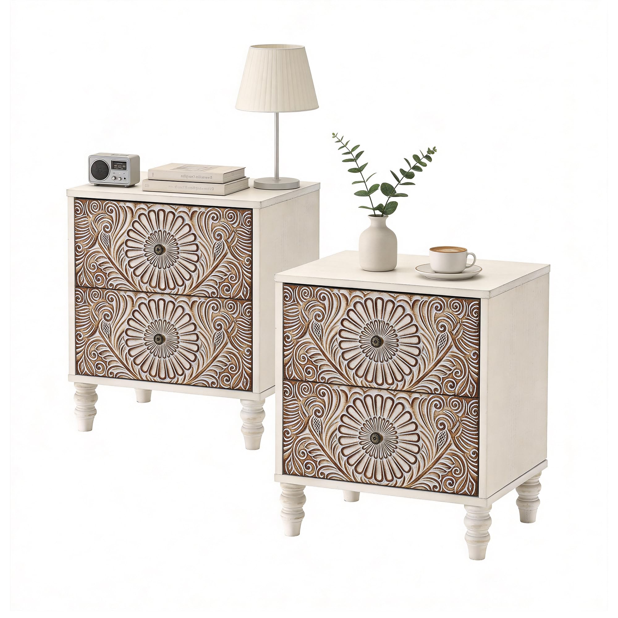 HOMPUS Easy Assembled Nightstand Set 2, 2-Drawer Farmhouse Nightstand Set of 2, Wood Bedside Table with 2 Drawers, Vintage Accent End Table for Living Room, Bedroom, Distress White