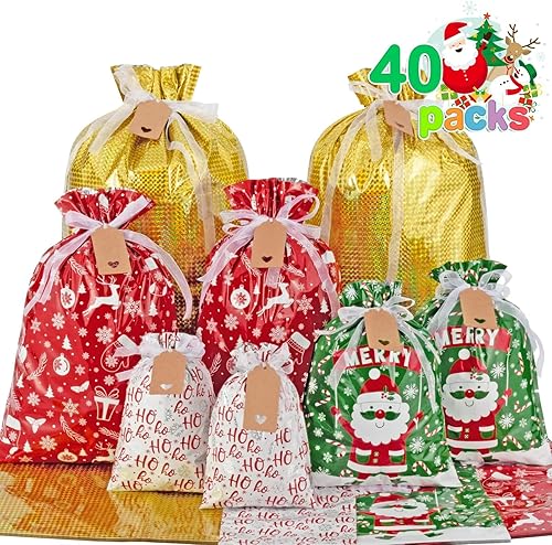 Asoulin Bolsas de regalo de Navidad con cordón y etiquetas – 40 bolsas de regalo de Navidad de varios tamaños, grandes, medianas y pequeñas, bolsa