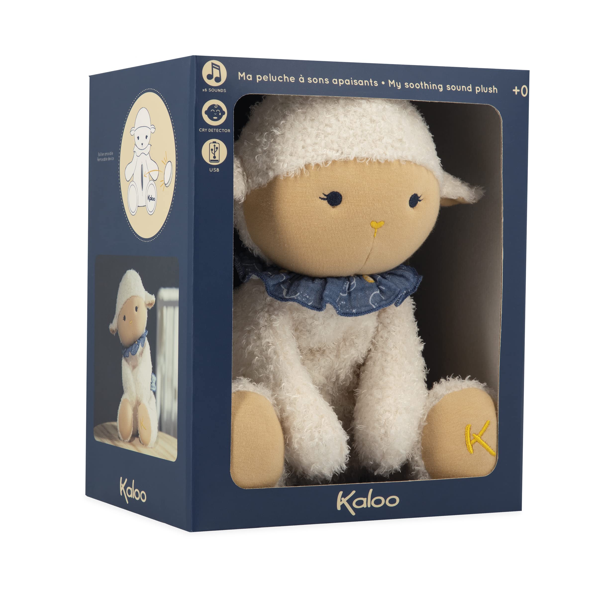 KALOO - Doux Sommeil - Peluche Pecorella Bianca - Peluche Musicale - 6 Suoni Rilassanti per Addormentare Il Neonato - Rileva Il Pianto - 25 cm - dalla Nascita, K221003