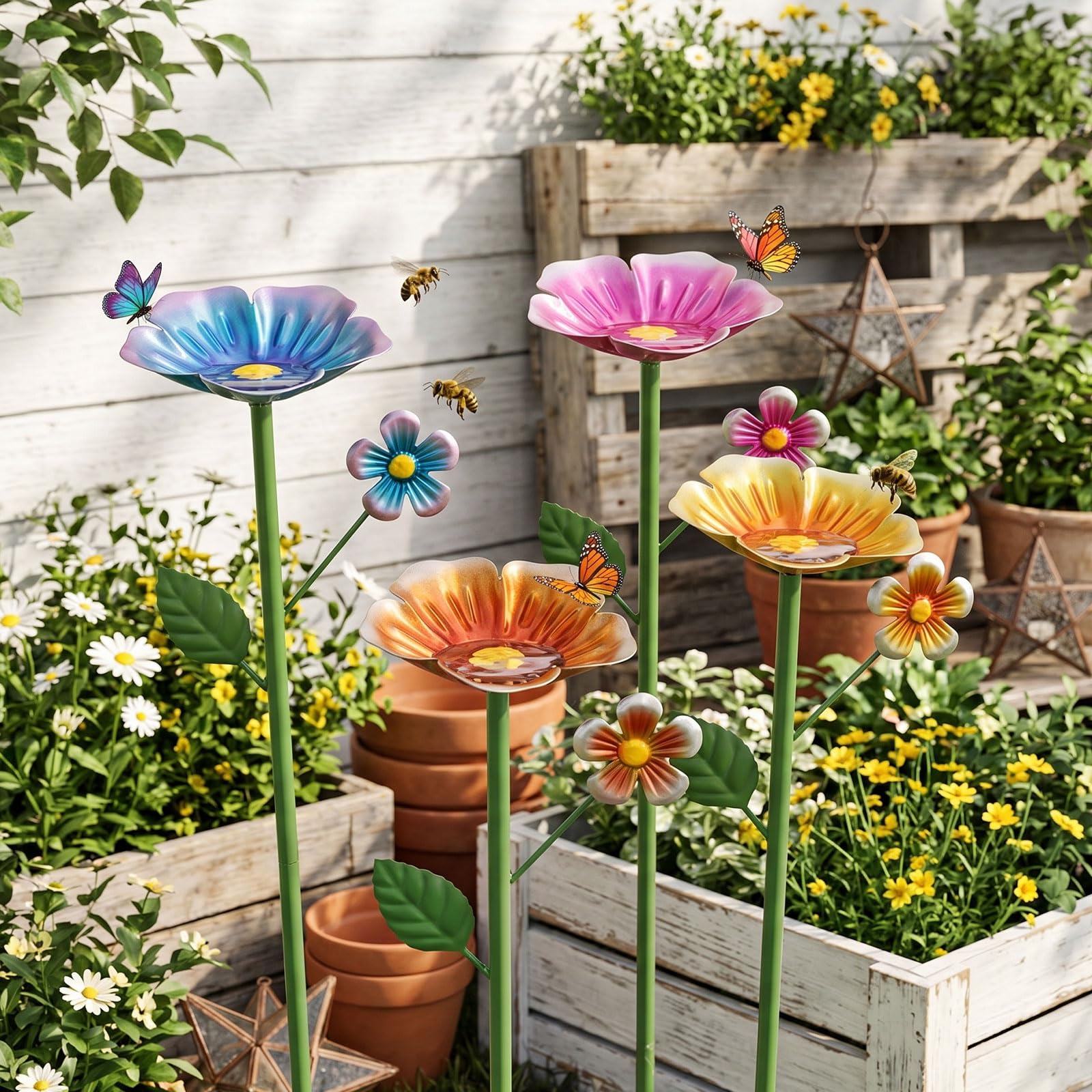 QINGLANG 4 Pack Bee Watering Station with Adjustable Height Stakes & 20 Marbles Bee Baths for Garden Metal Bees Feeder Cups Decorative Butterfly Feeder Insect Drinking Station for Outdoor Yard Decor