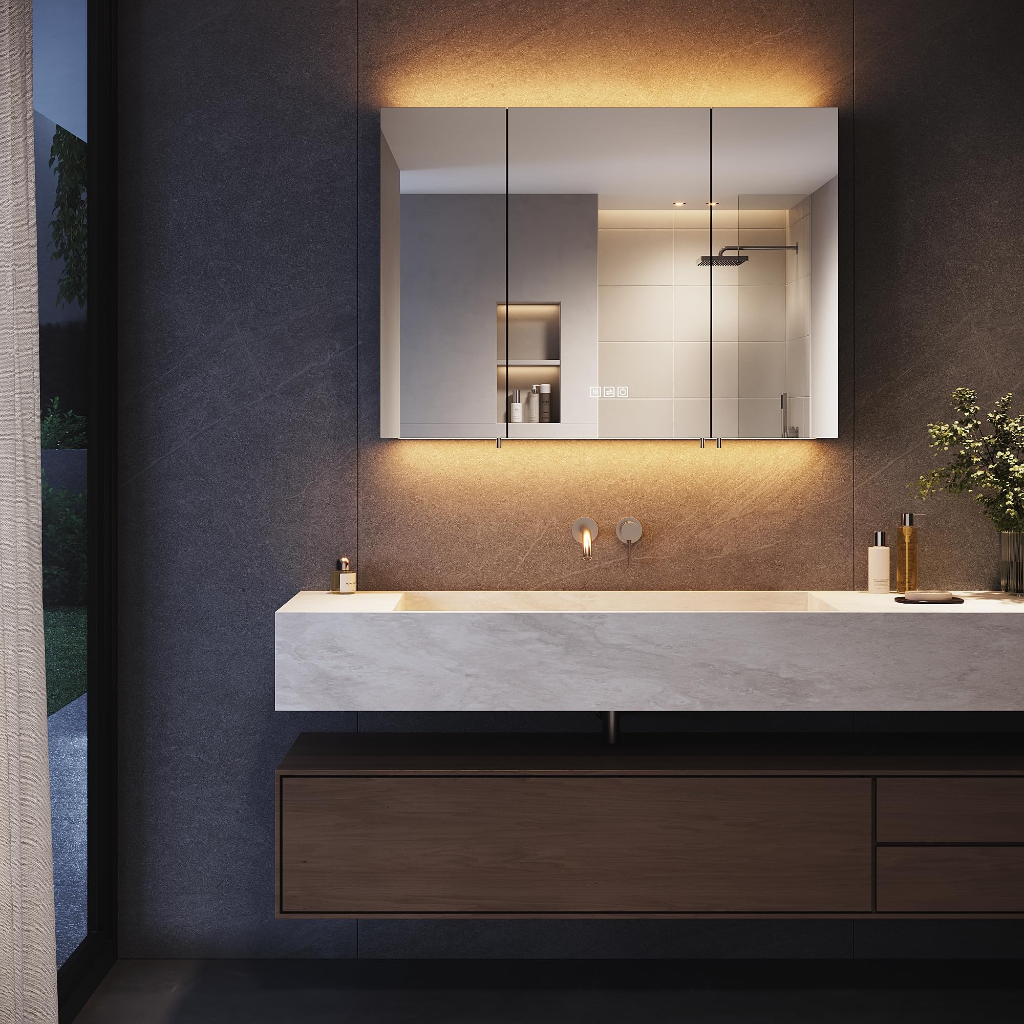 SONNI Armadietto a specchio da bagno con illuminazione e presa a 3 porte, con interruttore touch, 3 colori di luce regolabili, senza appannamento, per il bagno, 90 x 65 cm, nero opaco