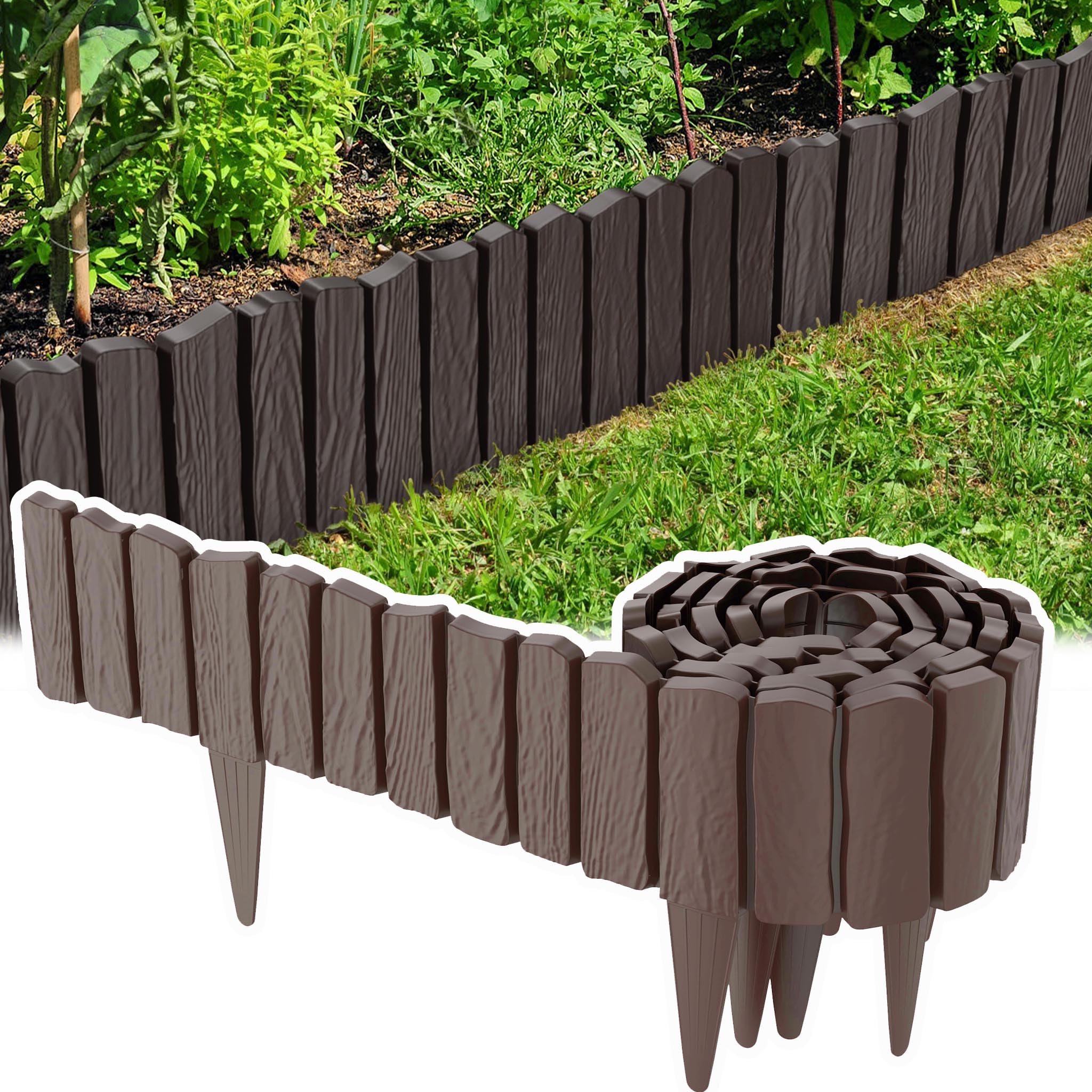 Lot de 12 bordure per prati in plastica - 57 x 23 cm - Bordura per aiuole da giardino con picco da 10,5 cm - Aspetto legno - Protezione contro le radici - Nastro per bordura del prato in