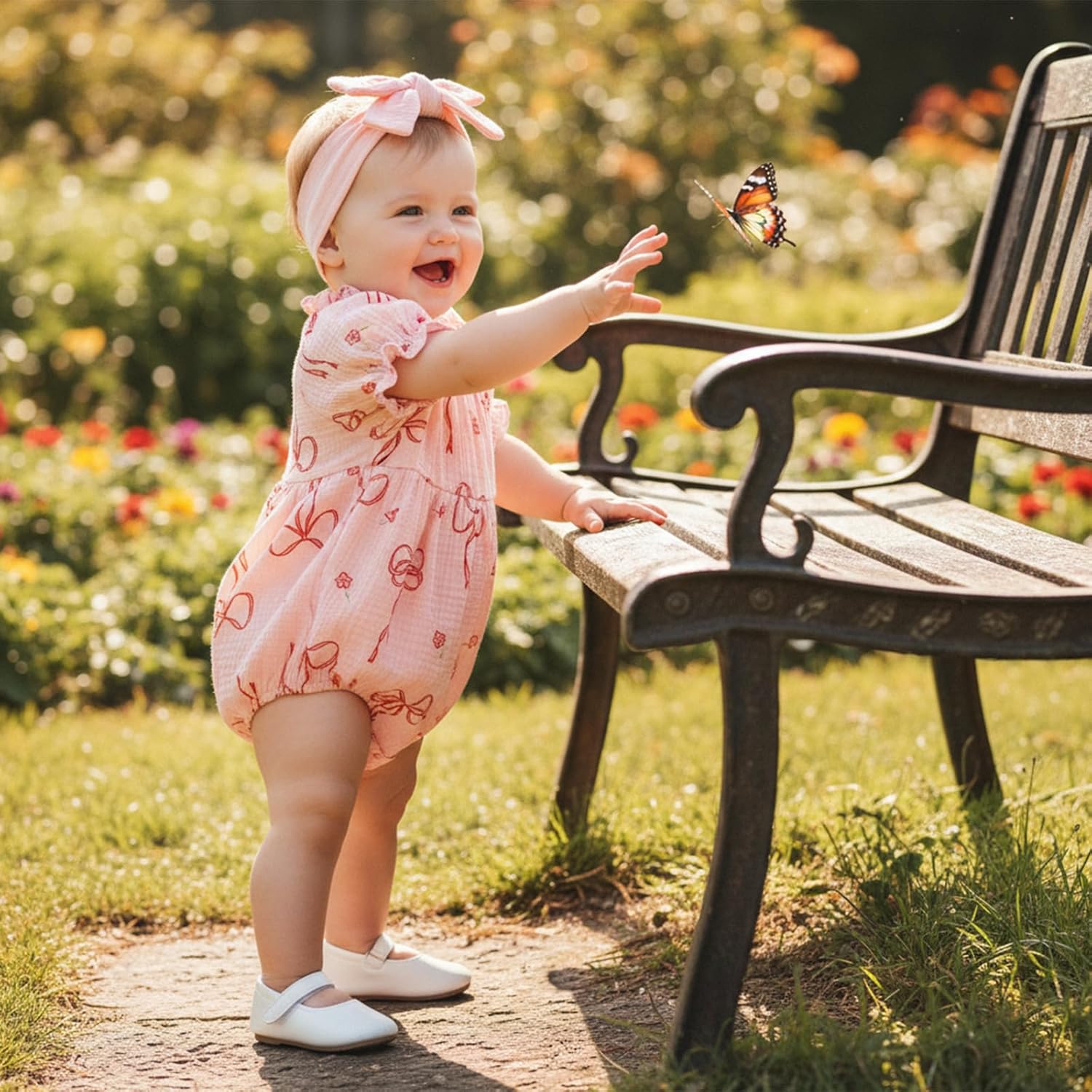 Newborn Baby Girl Clothes Bow Print Smocked Bubble Romper Cotton Linen Ruffle Onesie + Headband Cute Summer Clothes - Image 3