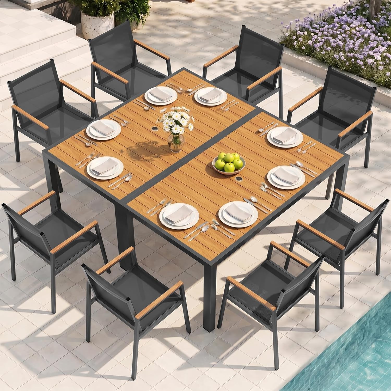 Oasbira 10-Piece Outdoor Dining Set for 8 with Umbrella Hole, Aluminum Patio Table and Chairs, Gray-Teak