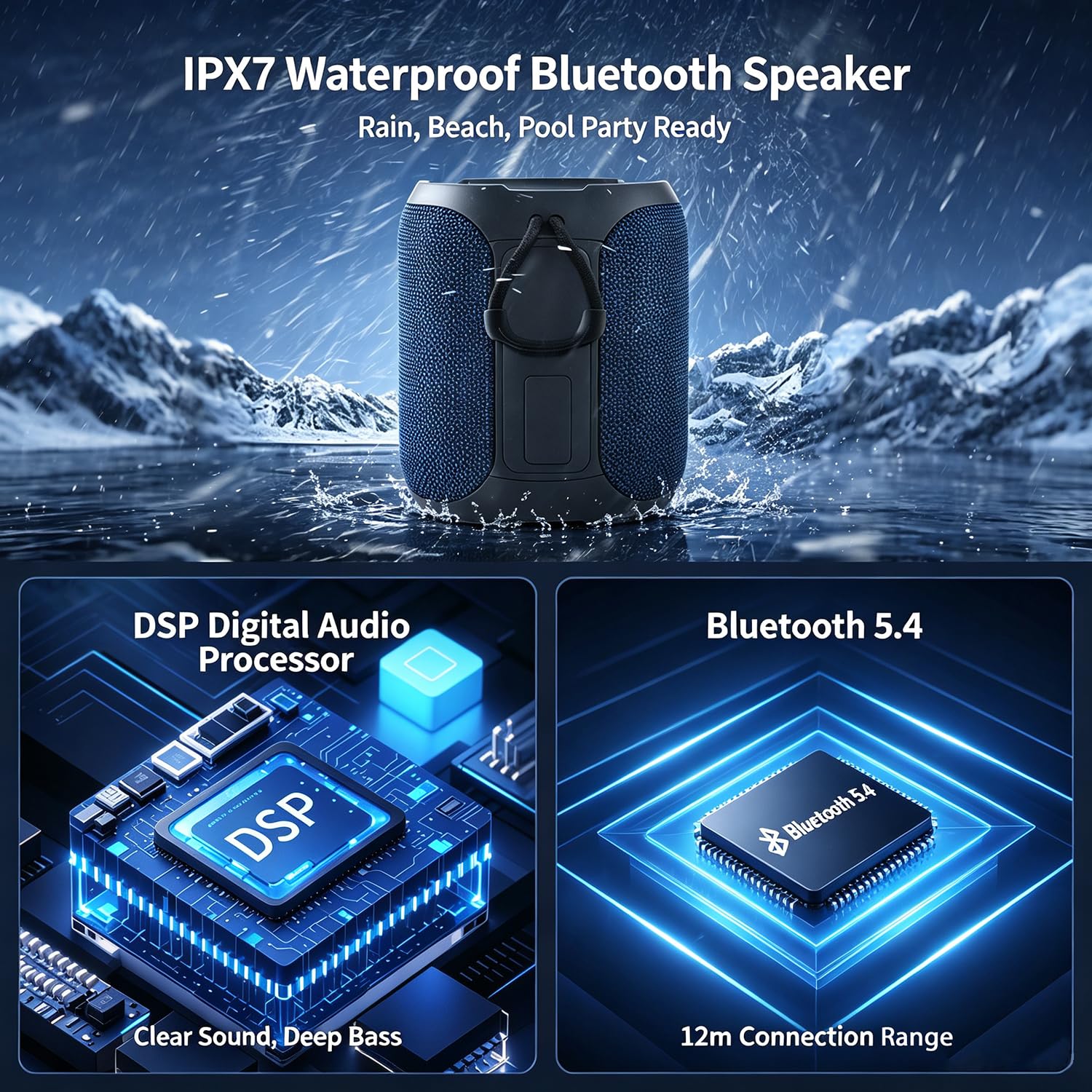Altoparlante Bluetooth portatile per esterni, con 50 W, impermeabile IPX7, senza fili, con luce RGB, Bluetooth 5.4, TWS Stereo, EQ, supporta TF/USB/AUX per campeggio, spiaggia, piscina