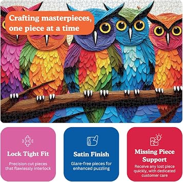 Kaleidoscopic Owls: Colorful Night's Watch from Cross & Glory - 1000 Piece Owl Jigsaw Puzzle, Eco-Friendly, with Satin Finish for Adults, CG-M-075, Rainbow