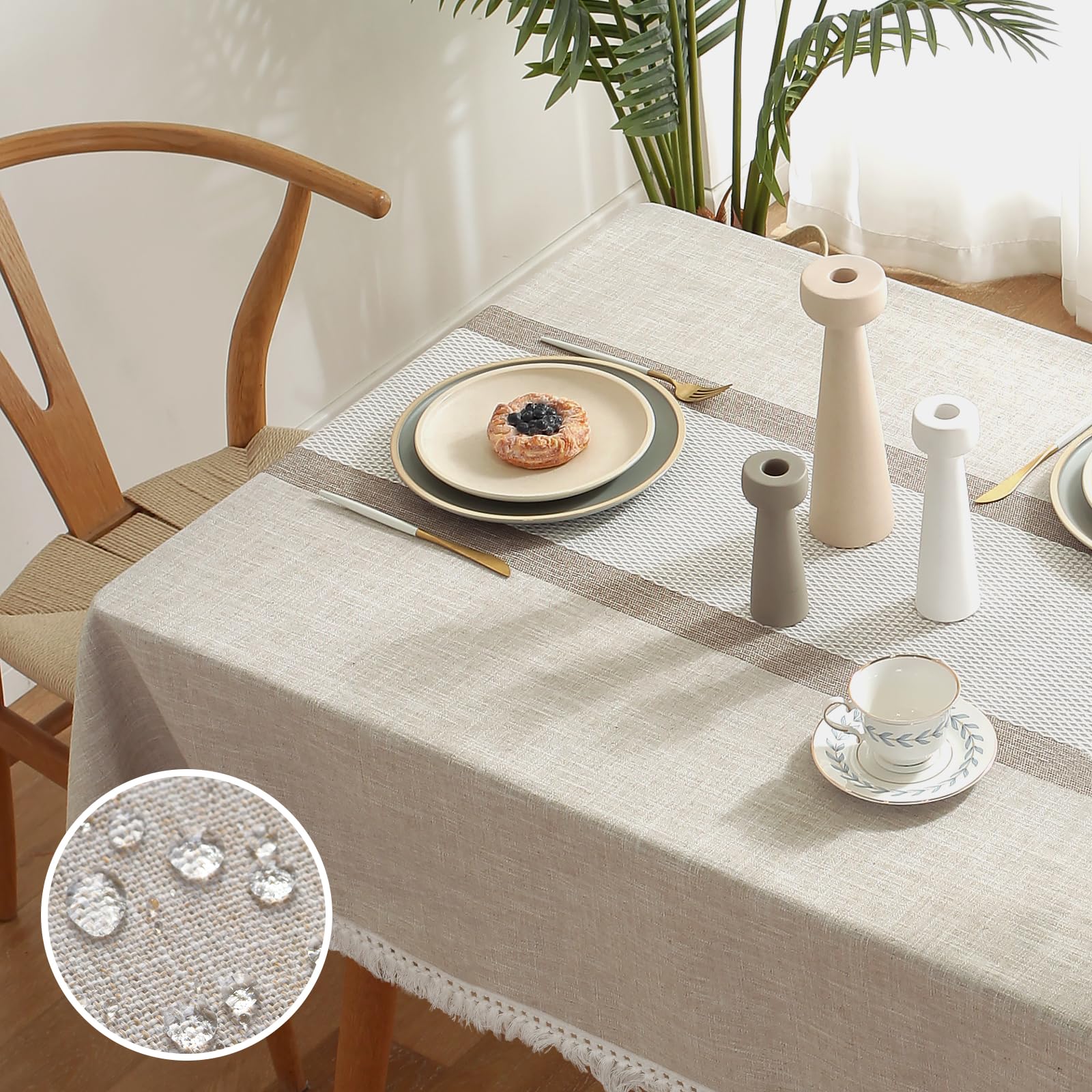 OTrakiTable Cloth Rectangle Table 55 x 70 inches Farmhouse Style Linen Tablecloth Kitchen Dining Cloth Tablecloths with Tassel Textured, Washable, Wrinkle Resistant, Waterproof, 4-6 Seat