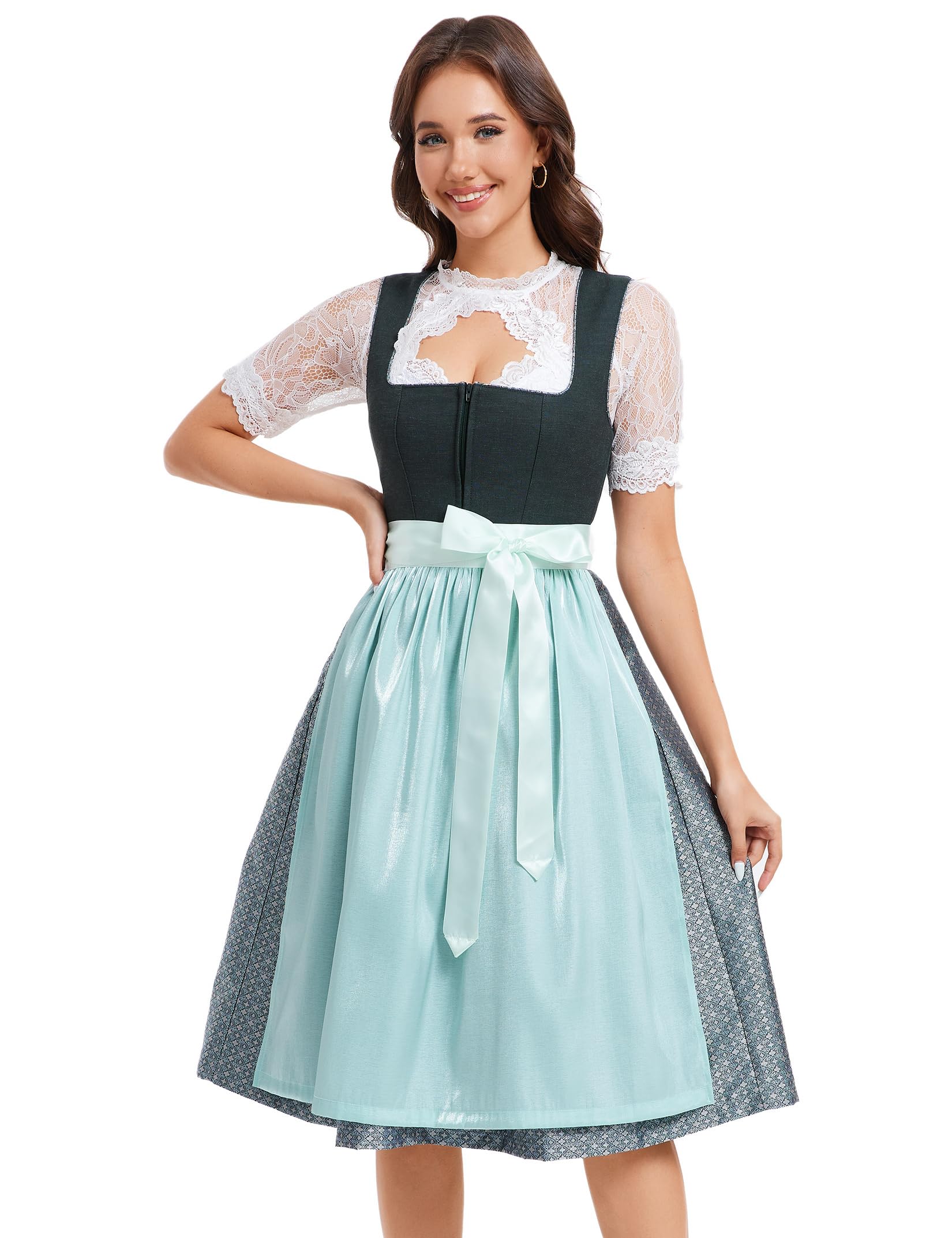 YesFashion Dirndl Damen Midi Trachtenkleid Jacquar Trachtenmode Dirndlkleid inkl. Dirndlbluse Dirndlschürze 3 teilig für Oktoberfest Besondere Anlässe