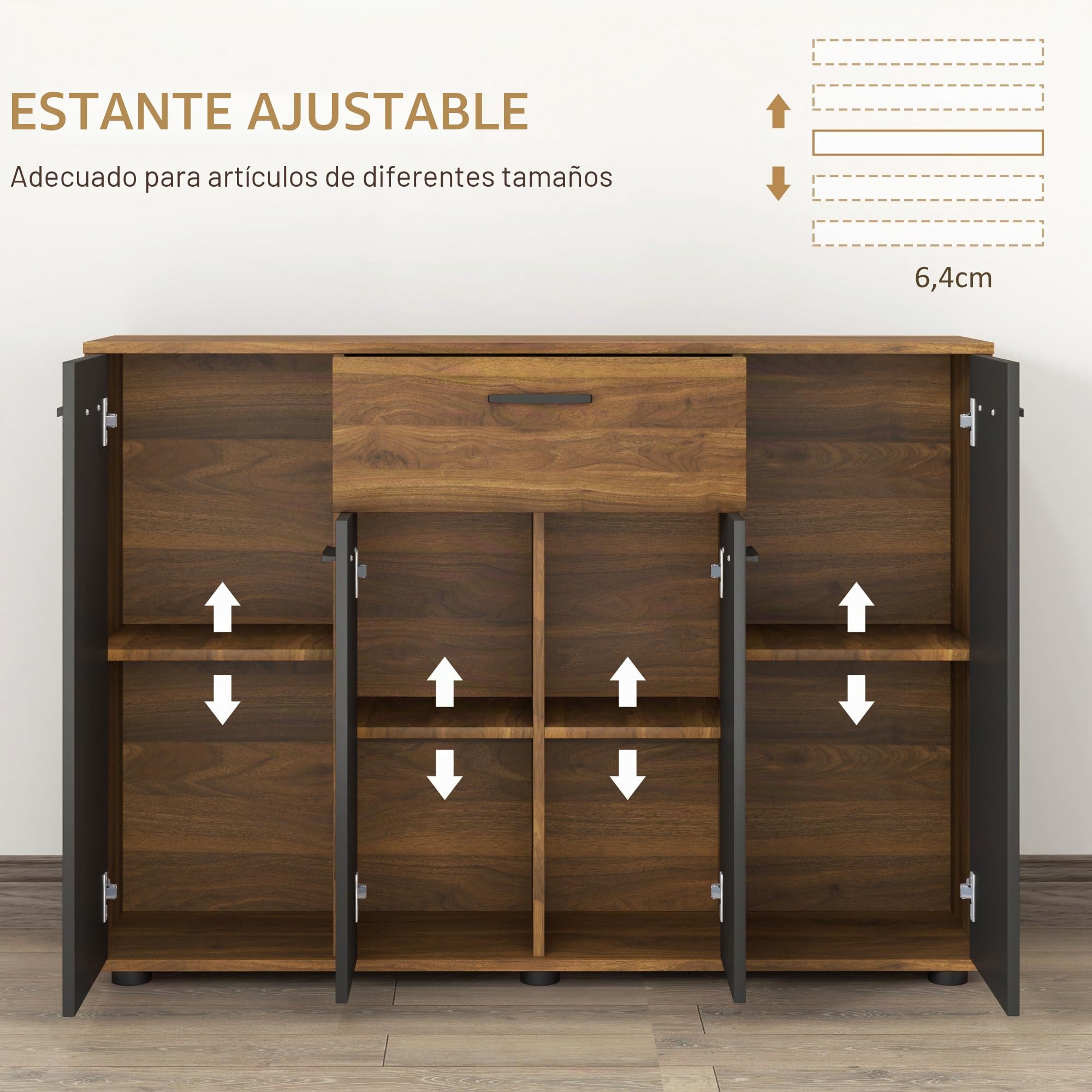 HOMCOM Aparador de Almacenamiento 120x35x85cm Marrón y Negro | 4 armarios, cajones, estantes ajustables, mueble de comedor