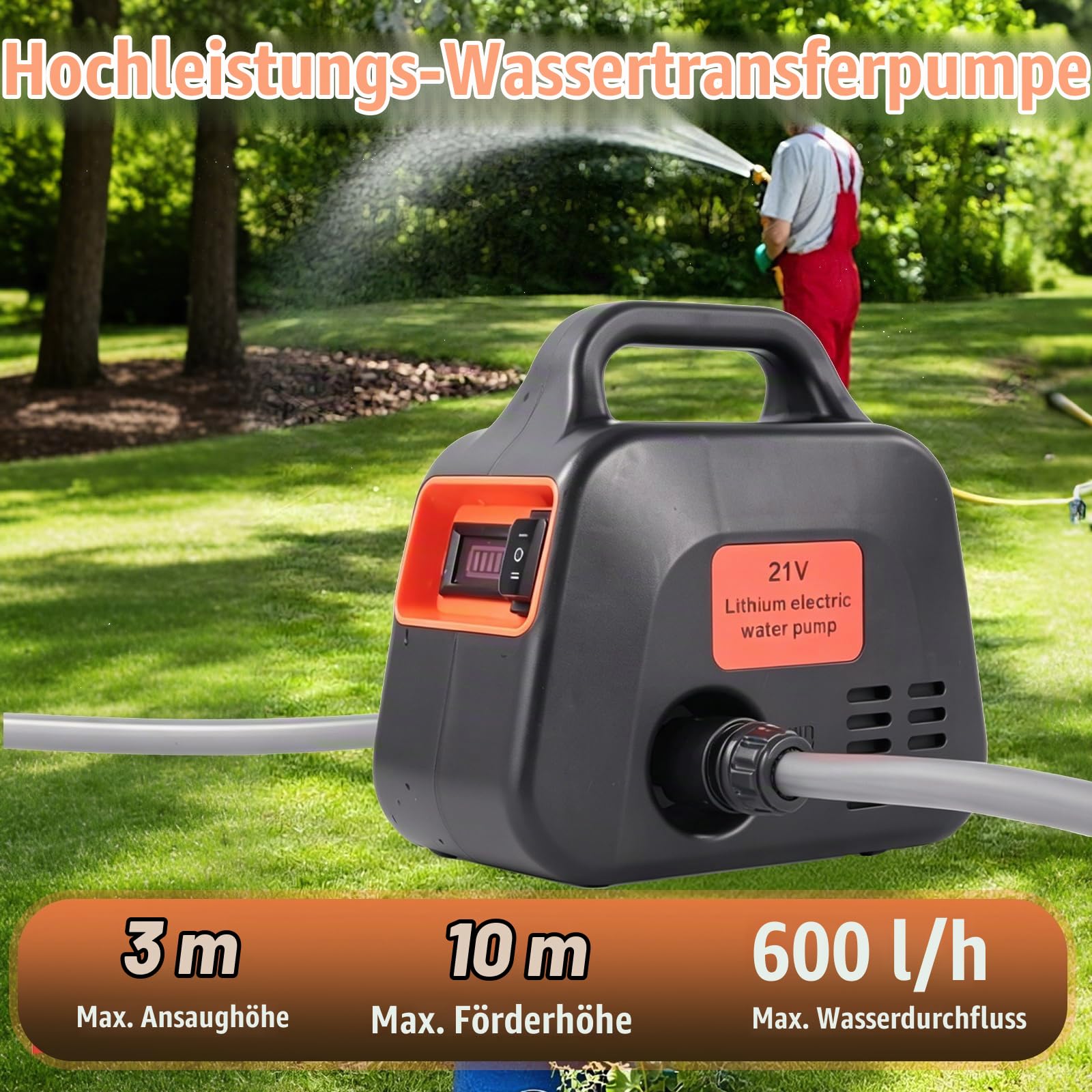 Akku Wasserpumpe, 600L/H Elektrische Kabellose Gartenpumpe mit Zwei 4000mAh Akkus, 2 Gang Einstellung, Tragbare Bewässerungspumpe mit 10M Wasserauslassrohr, 3M Wassereinlassrohr und Duschkopf