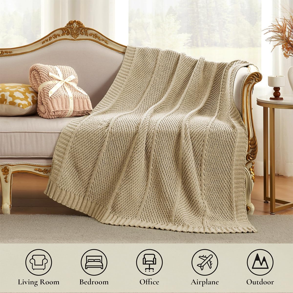 Amélie Home Chevron Chenille Knit Throw Blanket for Couch, Cozy Texture Decorative Soft Blanket for Sofa & Chair, 50"x60", Beige - Image 3