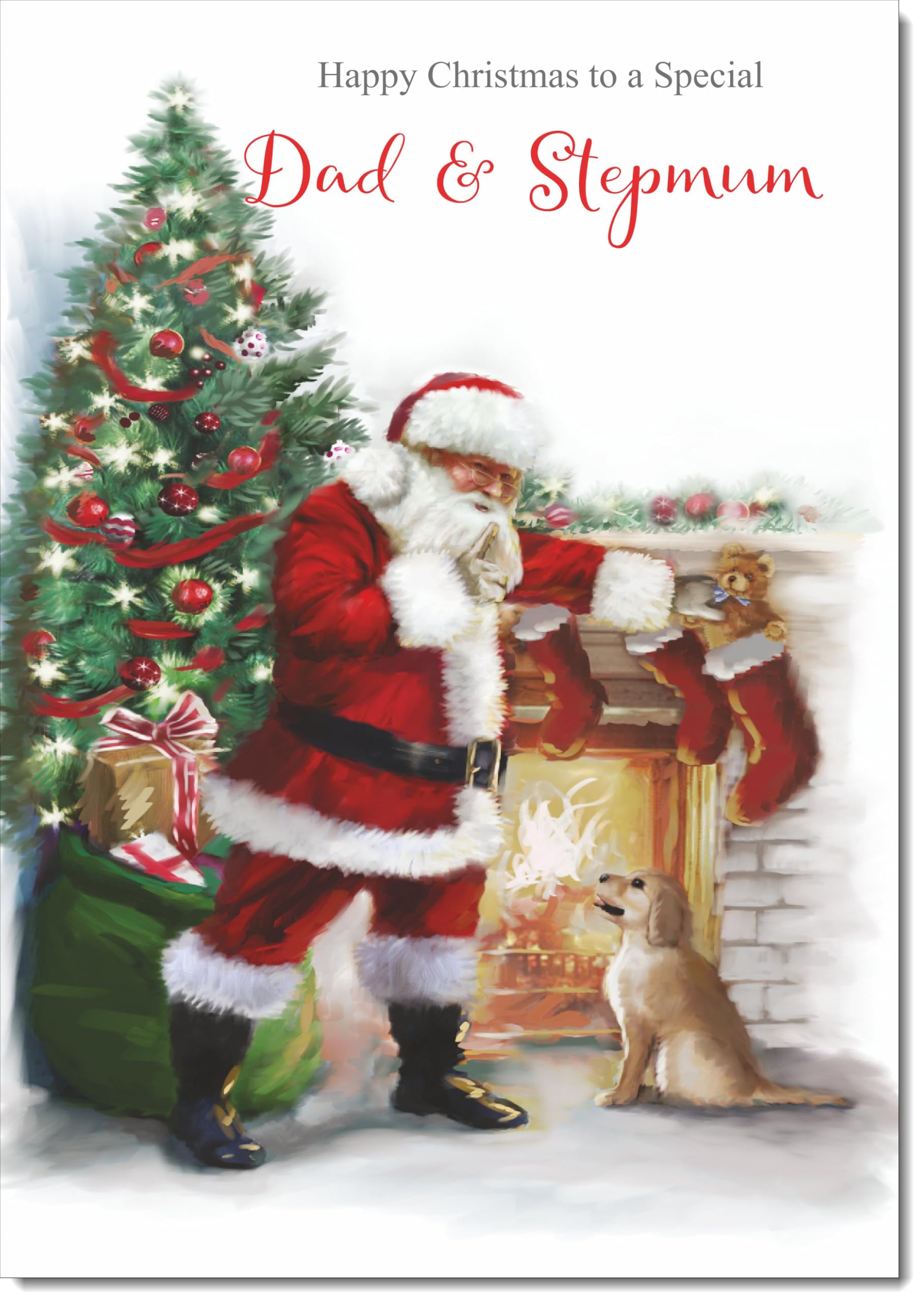 doodlecards Dad and Stepmum Christmas Card Santa by Christmas Tree Large A4 Size Christmas Card for Dad & Stepmum with Plain Envelope — image 1