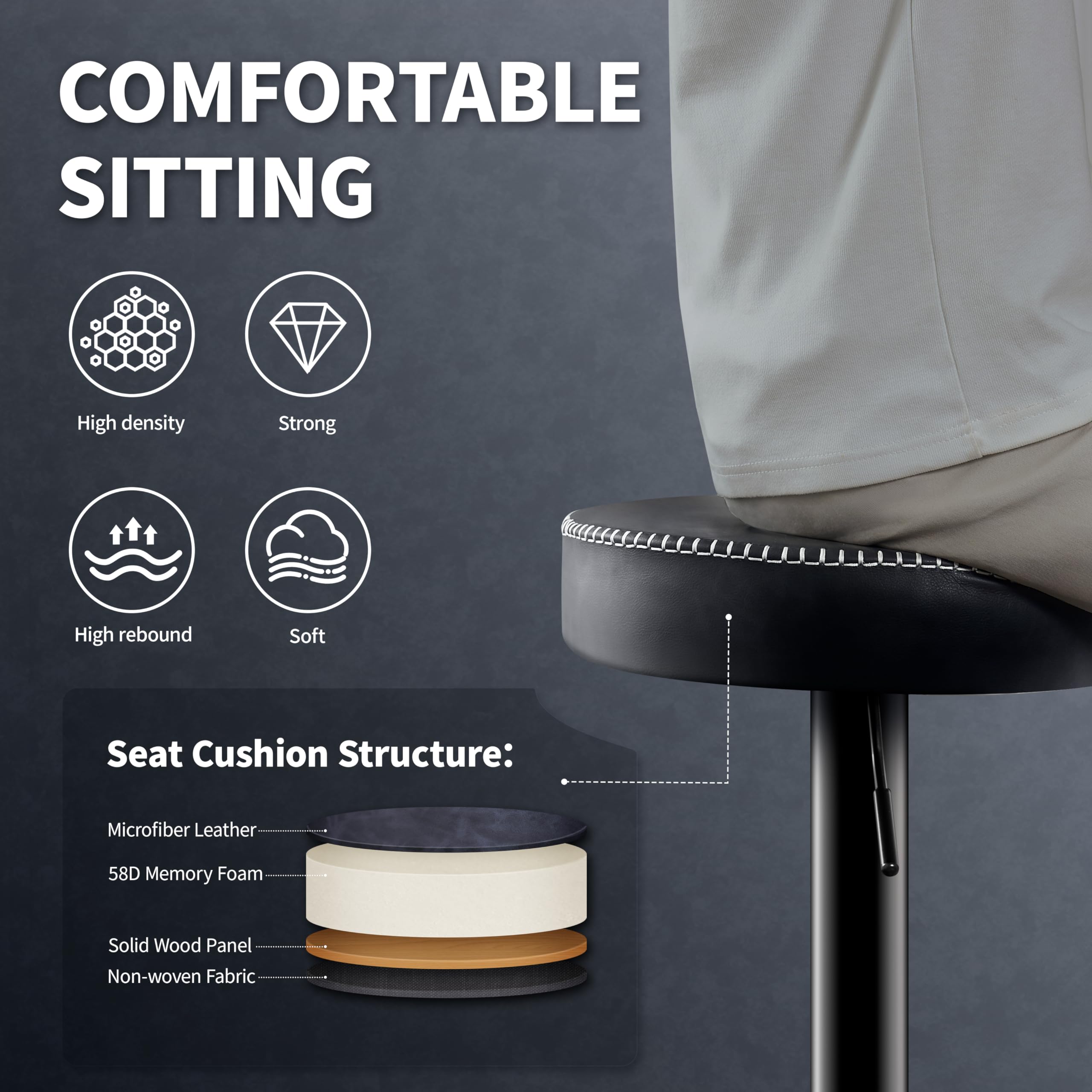 STOOLINK Taburetes de Bar Requlable en Altura, Taburete Cocina Juego de 2, Taburete Alto Cuero de Microfibra, Taburete de Bar con Reposapiés, Taburetes Cocina 150kg para Comedor, Mostrador-Negro