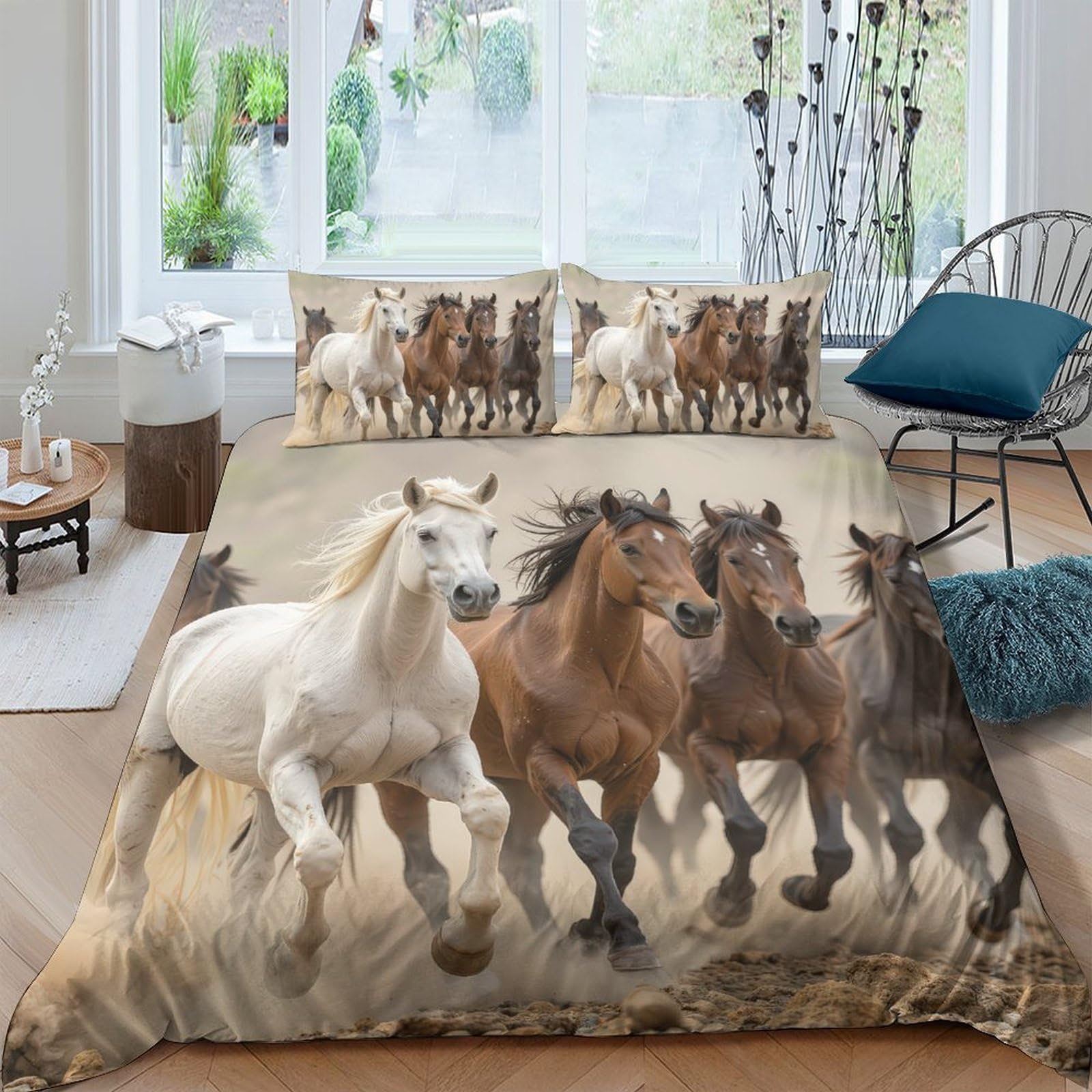 Ctjqhvkz Style-9 3D Printed Running Horses Fitted Sheet Microfiber Soft Brown White Wild Horse Bed Cover For Bedroom Dorm Mattress Protection Decor Single（135X200cm）