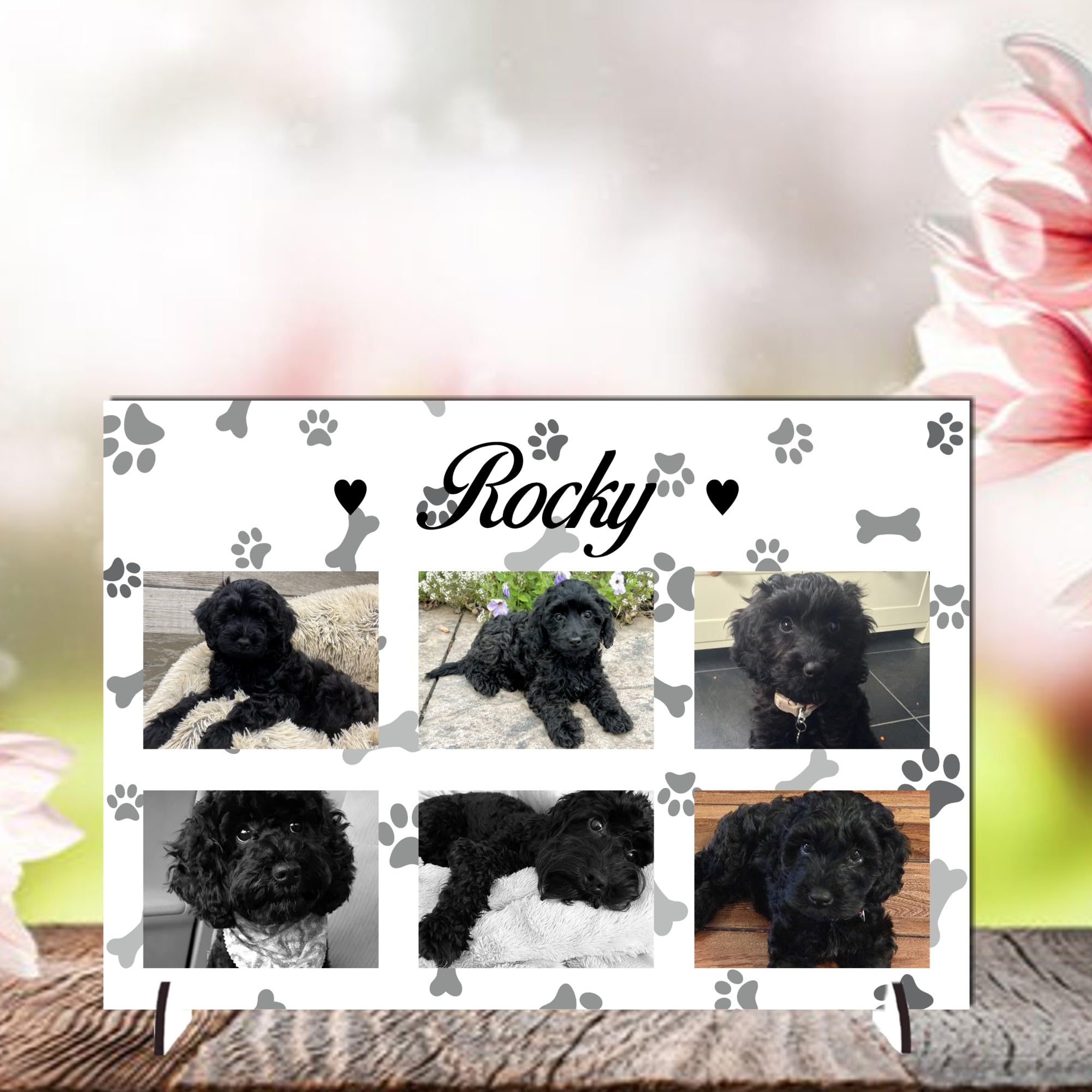 Pixie's Gifts Personalised Pet Photo Plaque on Stand - Custom Gift for Dogs or Cats - Available in 4 Designs, 3mm MDF and Acrylic (Grey, Mdf Wood A5 21cm x 15cm)