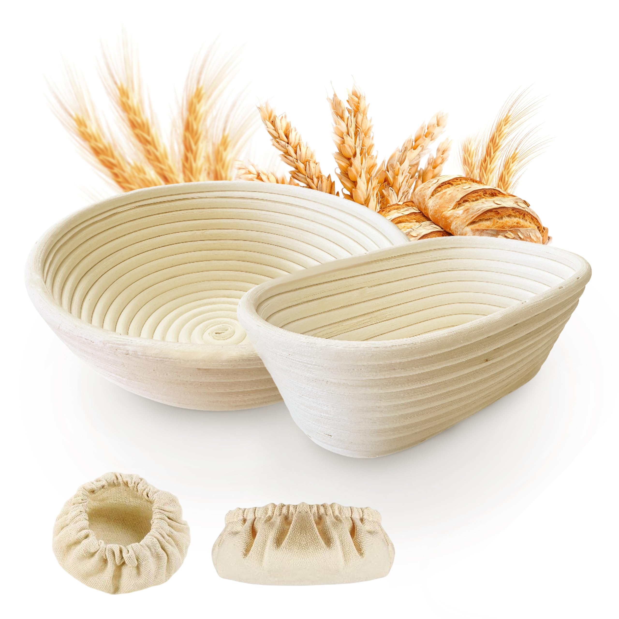 Homiely Natural Bread Proofing Basket, Rattan Sourdough 10" Banneton Basket Oval And 9" Round With Linen Liners For Bakers