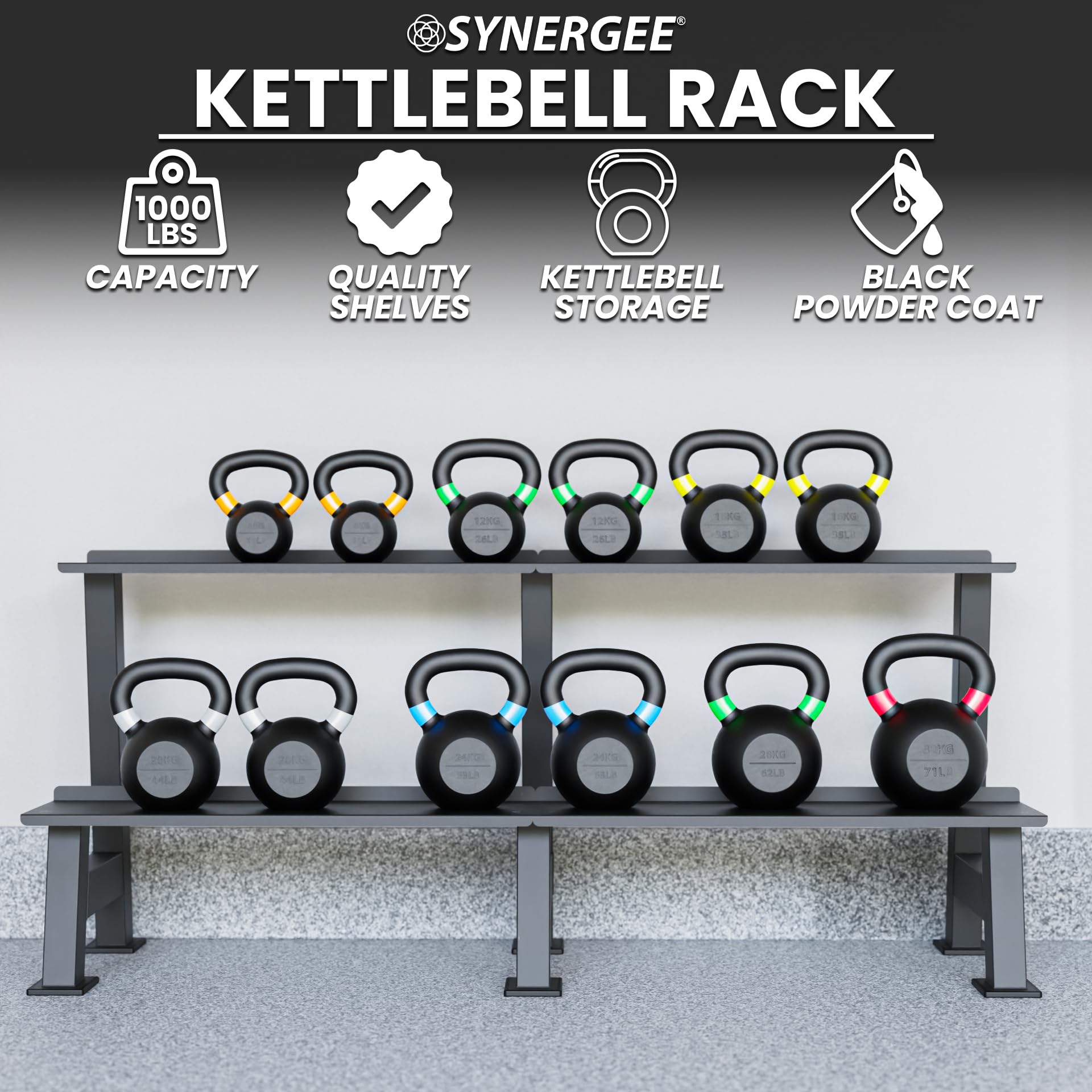 Synergee Kettlebell Storage Rack - Gym Storage Rack for Fitness Equipment Organization - 2-Tier Shelf for Holding Synergee Kettlebell Set