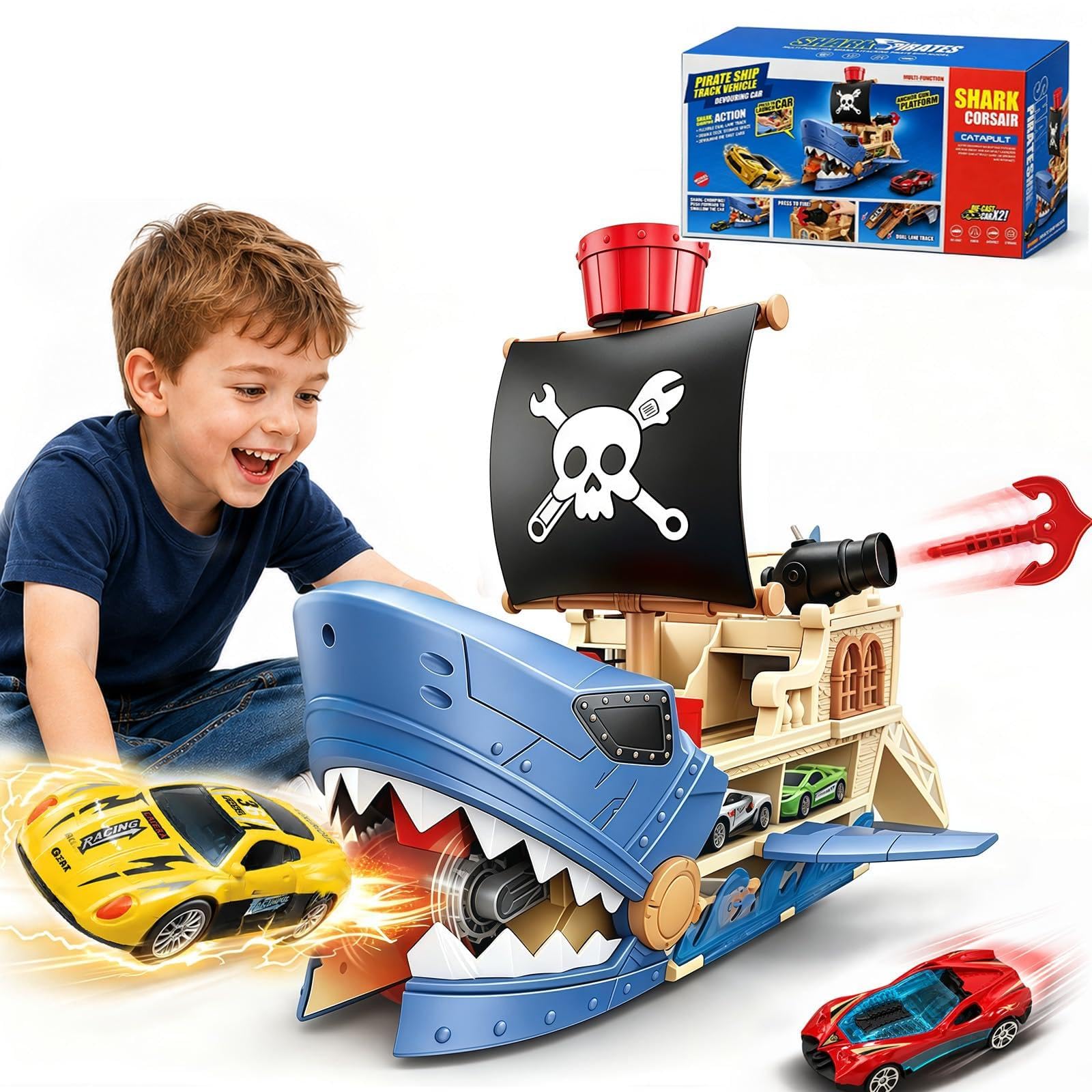 Squalo nave pirata 4 in 1, auto con 8 auto