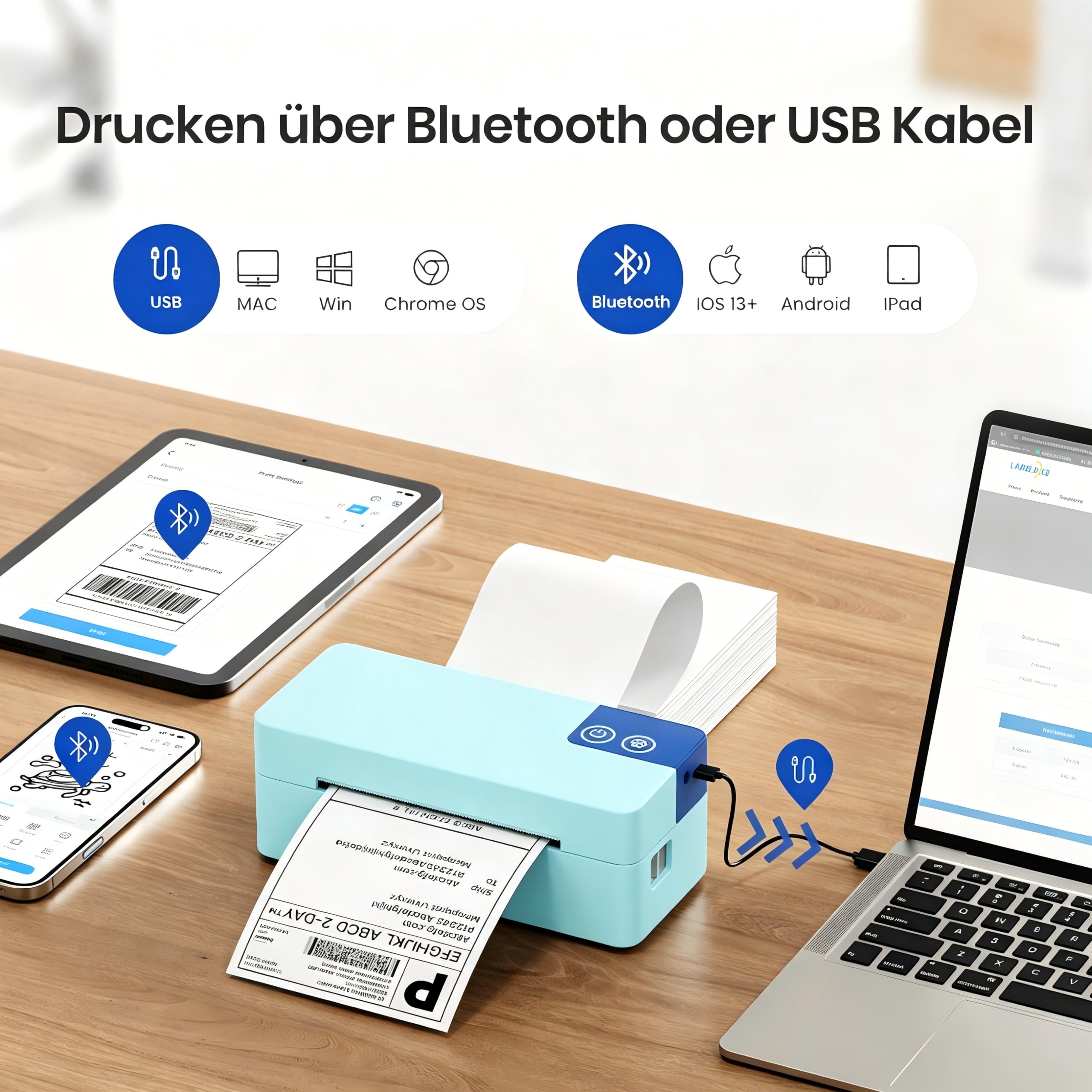 Bluetooth Etikettendrucker DHL, 4x6 Versandetiketten Drucker PL50E