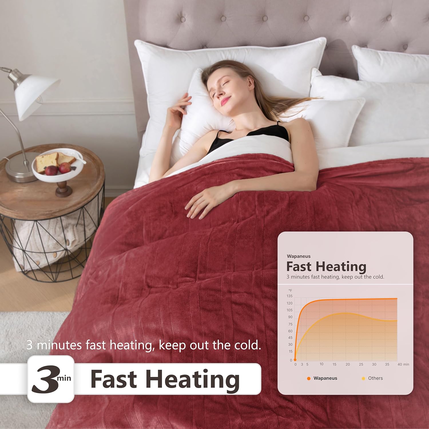 Wapaneus Heated Blanket Electric Full Size 72"x84" with 10 Heating Levels 12 Timer Settings and 8 Hours Auto-Shut Off,Flannel Fast-Heating Electric Blanket,ETL Listed Machine Washable,Red - Image 3