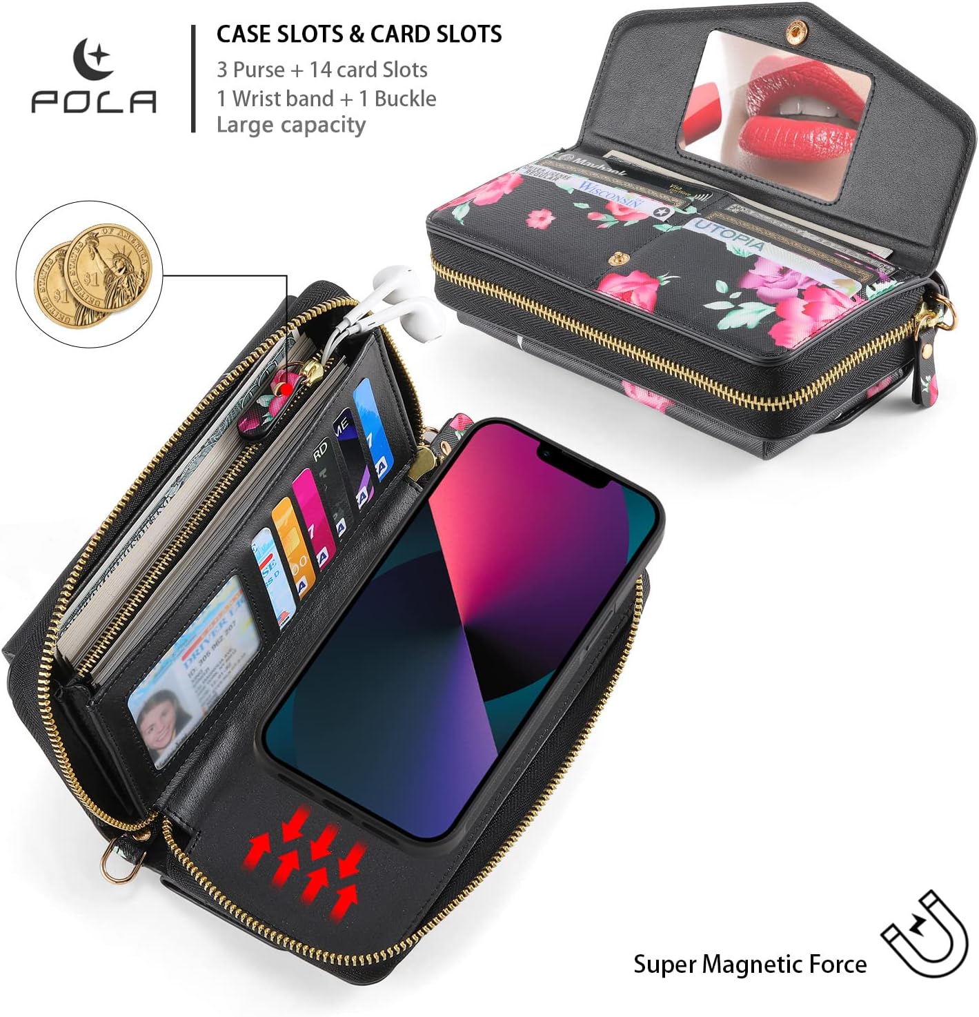 Crossbody Wallet Case for iPhone 13 Pro Max/13 Pro/13/13 Mini,Compatible with MagSafe[RFID Blocking] Detachable Magnetic PU Leather Zipper Cash Coin Pocket Multi Card Slots,Black,13 Pro