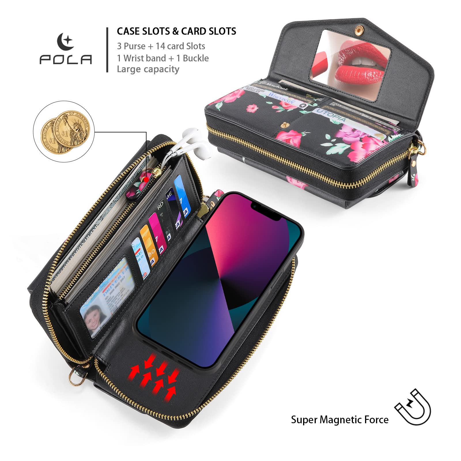 Estuche para iPhone 13 Pro MAX / 13 Pro / 13/13 Mini, [Bloqueo de RFID] Desmontable magnético PU Cuero Crossbody Cremallera Efectivo Monedero Ranuras para múltiples Tarjetas
