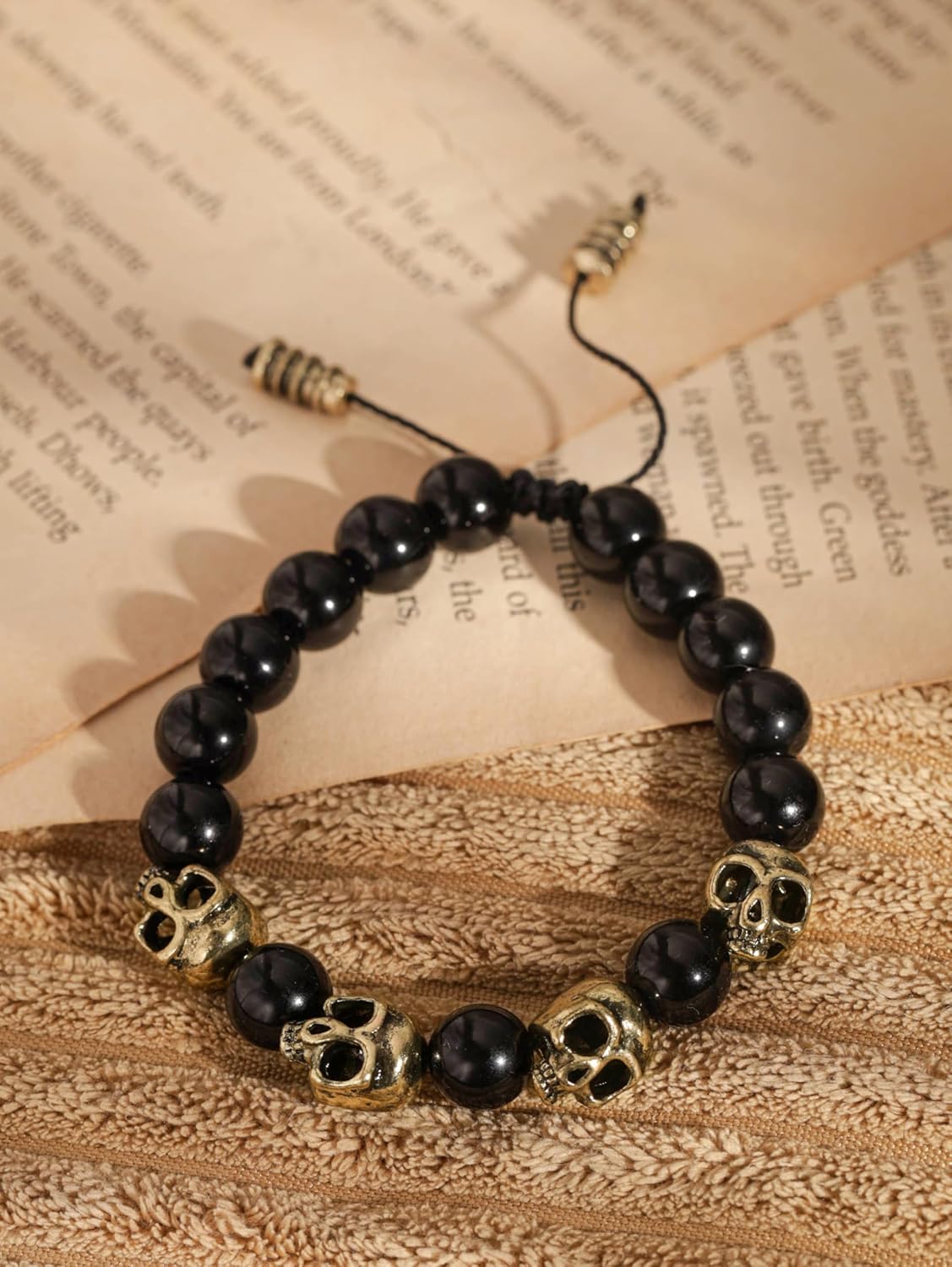 HAQUIL Punk Black Gold Plated Alloy Skull Charm Beaded Bracelet Durable Adjustable Wristband for Men - Image 6