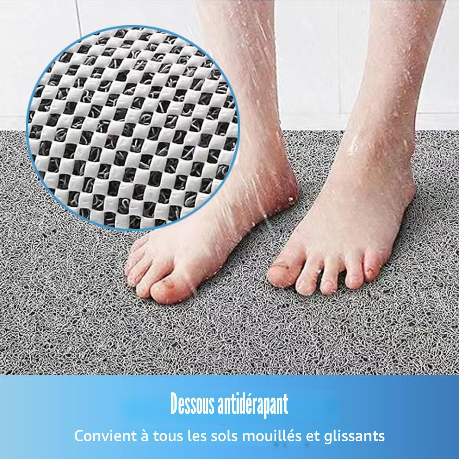 Tapis de douche rond, 60 cm, antidérapant, anti-moisissure, anti-bactérien, en Luffa, tapis de bain, en PVC, doux, pour salle de bain, pour salle de bain et zones humides (gris)