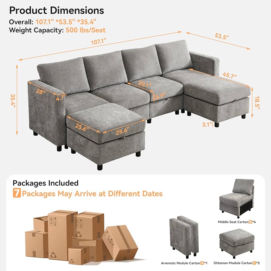 Amazon.com: WUTUTUEE 107”Modular Sectional Sofa Convertible