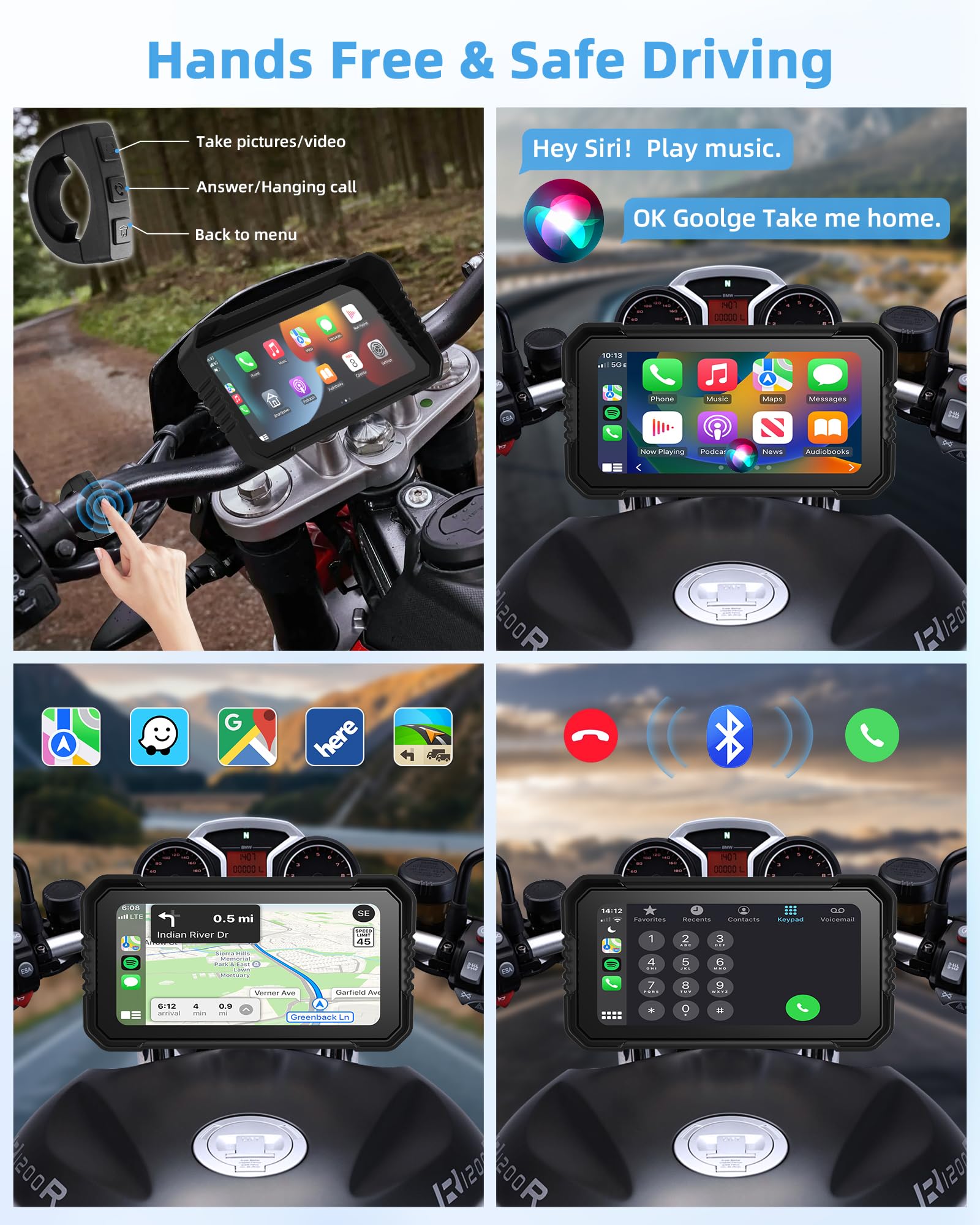 4K Carplay Moto Android Auto Motociclett acon Dashcam, 6,25 Pollici Carplay moto Schermo Navigatore Moto GPS Dashcam IP67 Impermeabile Touchscreen Bluetooth 64G TF