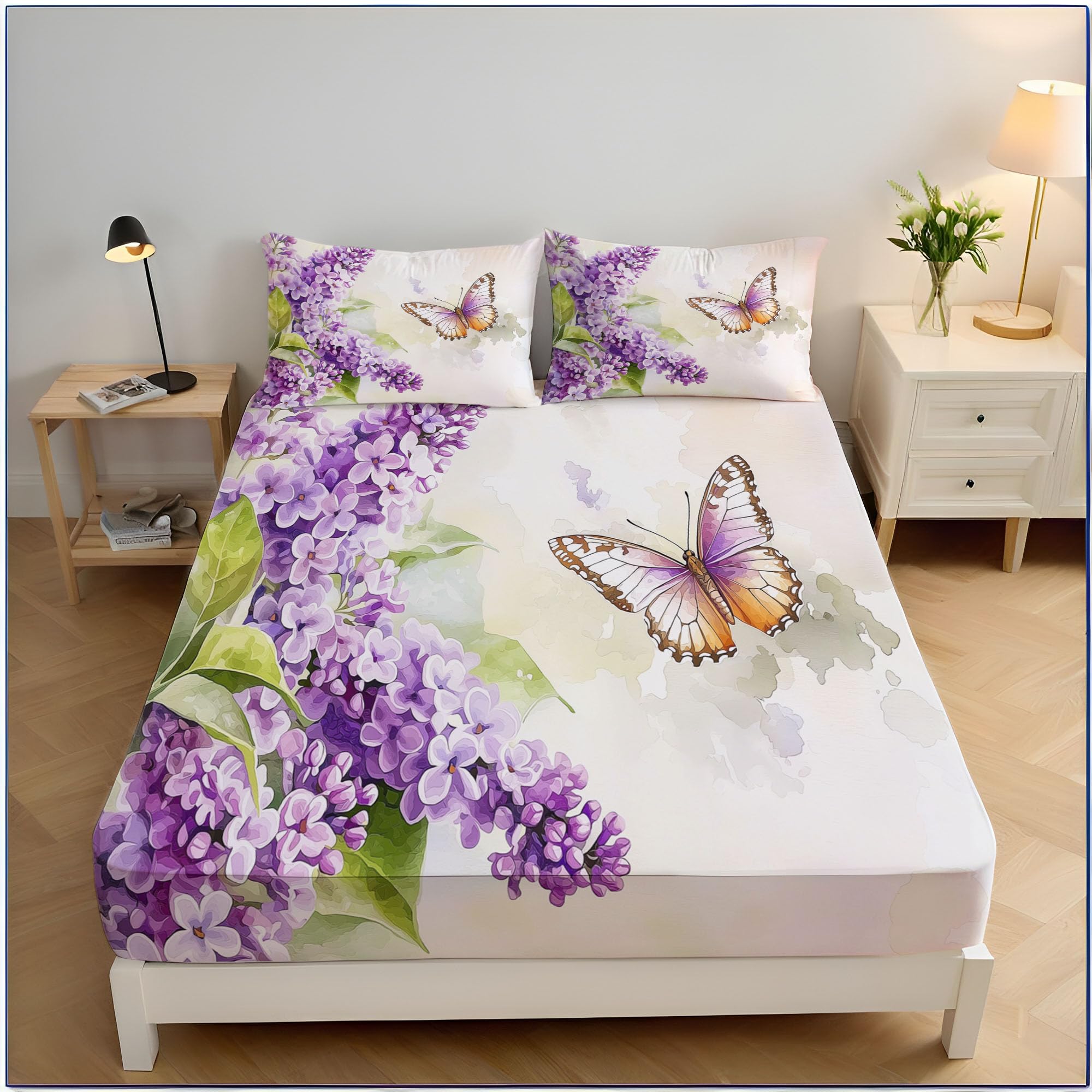 Drap housse fleurs aquarelle 90x190 pour créer un cocon de douceur violet dans une chambre