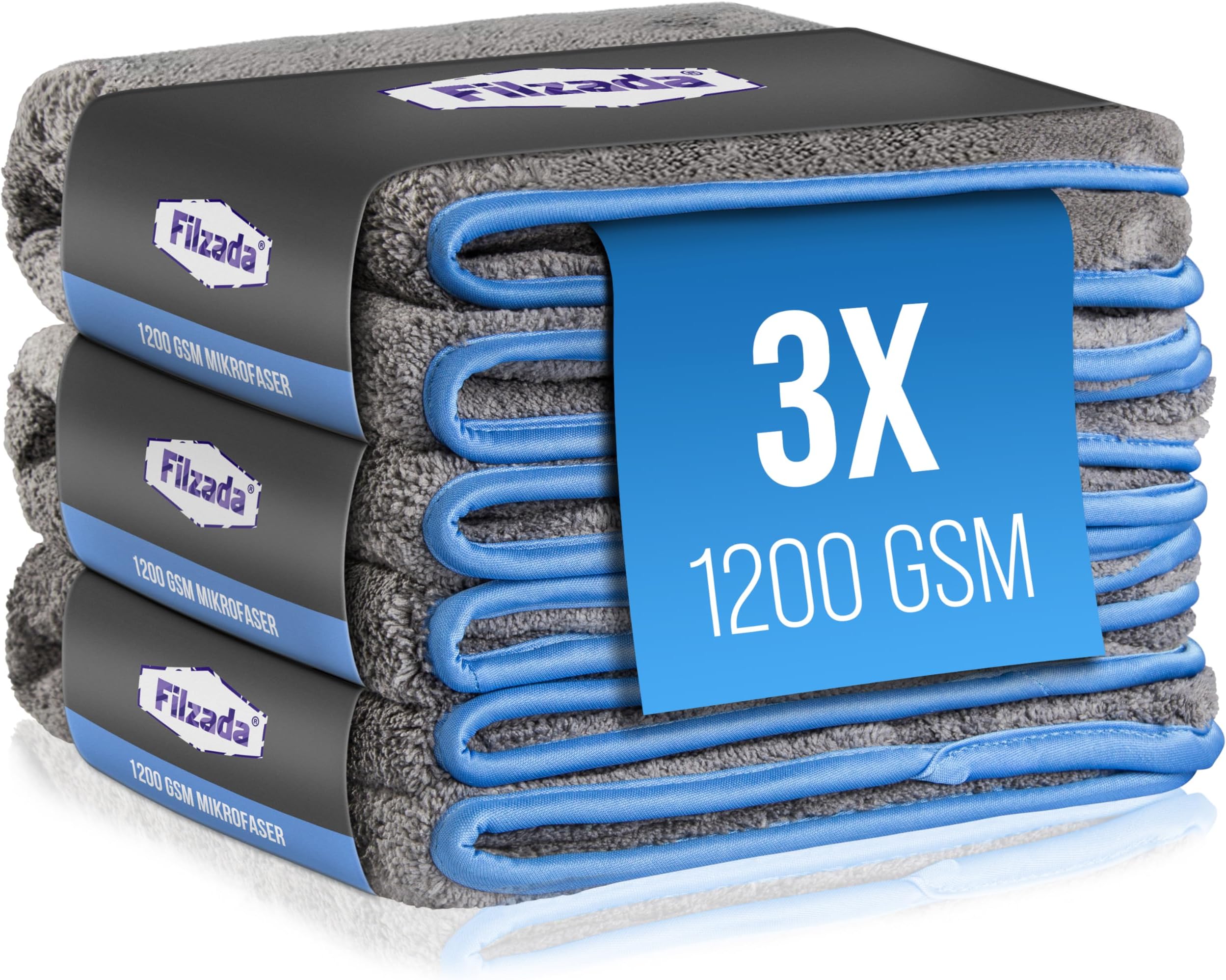 Filzada® 3x Microfiber Cleaning Cloth Car With 1200 GSM - Gentle On Lacquer, Incredible Suction Power And Lint-Free - Car Polishing Cloths For Professional Car Care In 42x48cm
