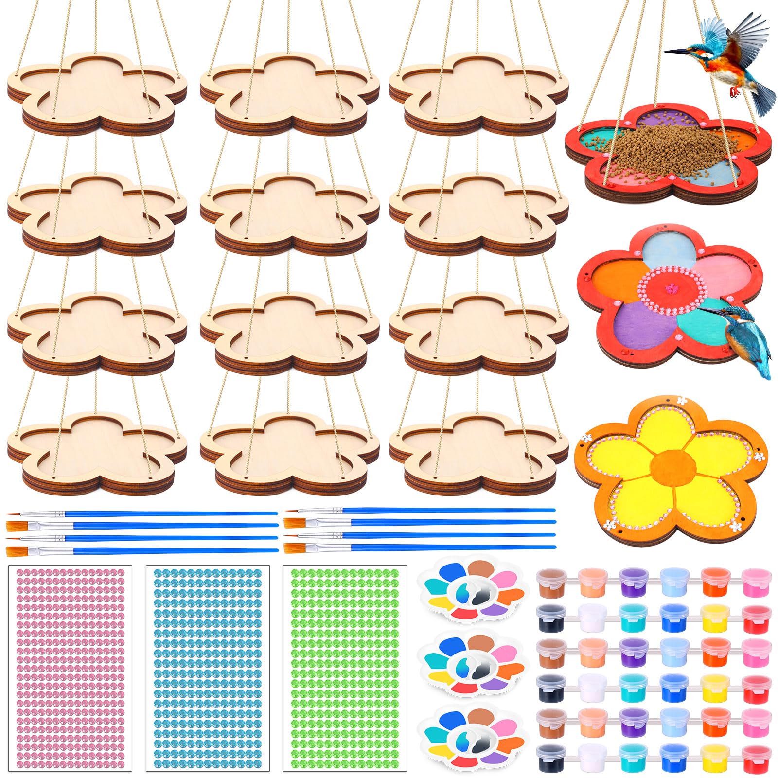 12 Pack Bird Feeder Craft Kits for Kids Wood Painting DIY Your Own Unfinished Wooden Ornaments Gifts for Nature Loving Kids