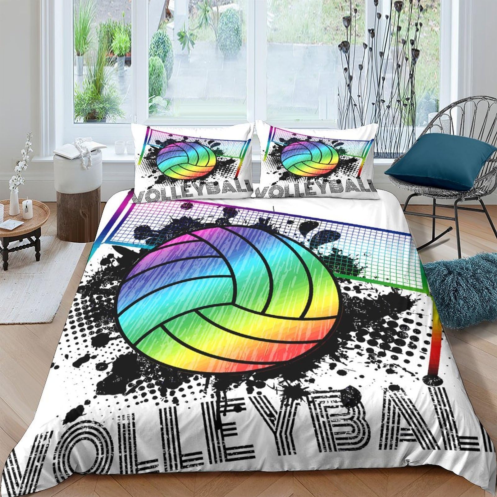 Ctjqhvkz Style-2 3D Printed Rainbow Volleyball Fitted Sheet Microfiber Soft Splash Art Bed Cover For Bedroom Guest Room Decor Single（135X200cm）