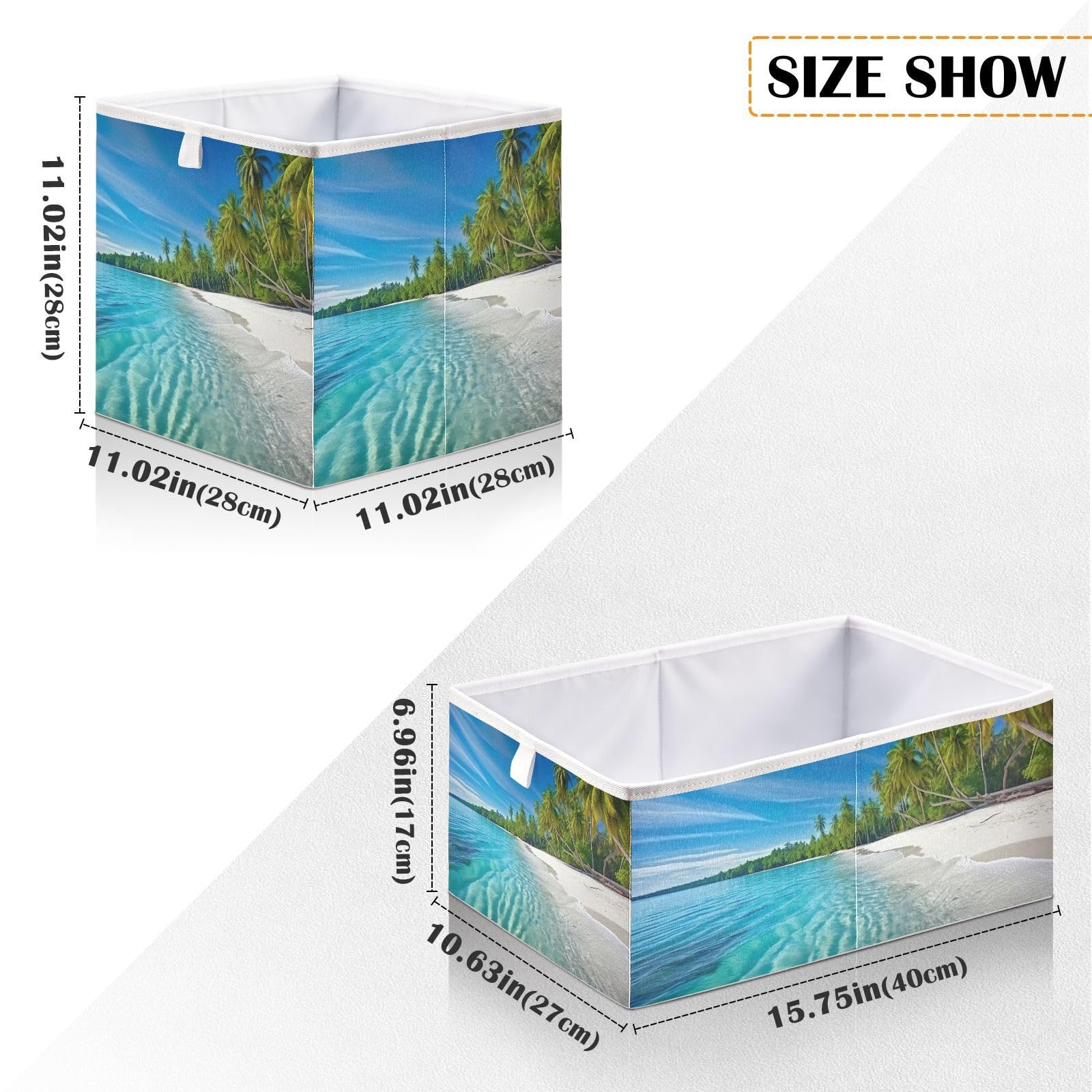 xigua Beach Scene Storage Cubes 11x11 Inch Foldable Fabric Bins with Handle for Storage and Organization, Ideal Storage Bins for Closet Shelves