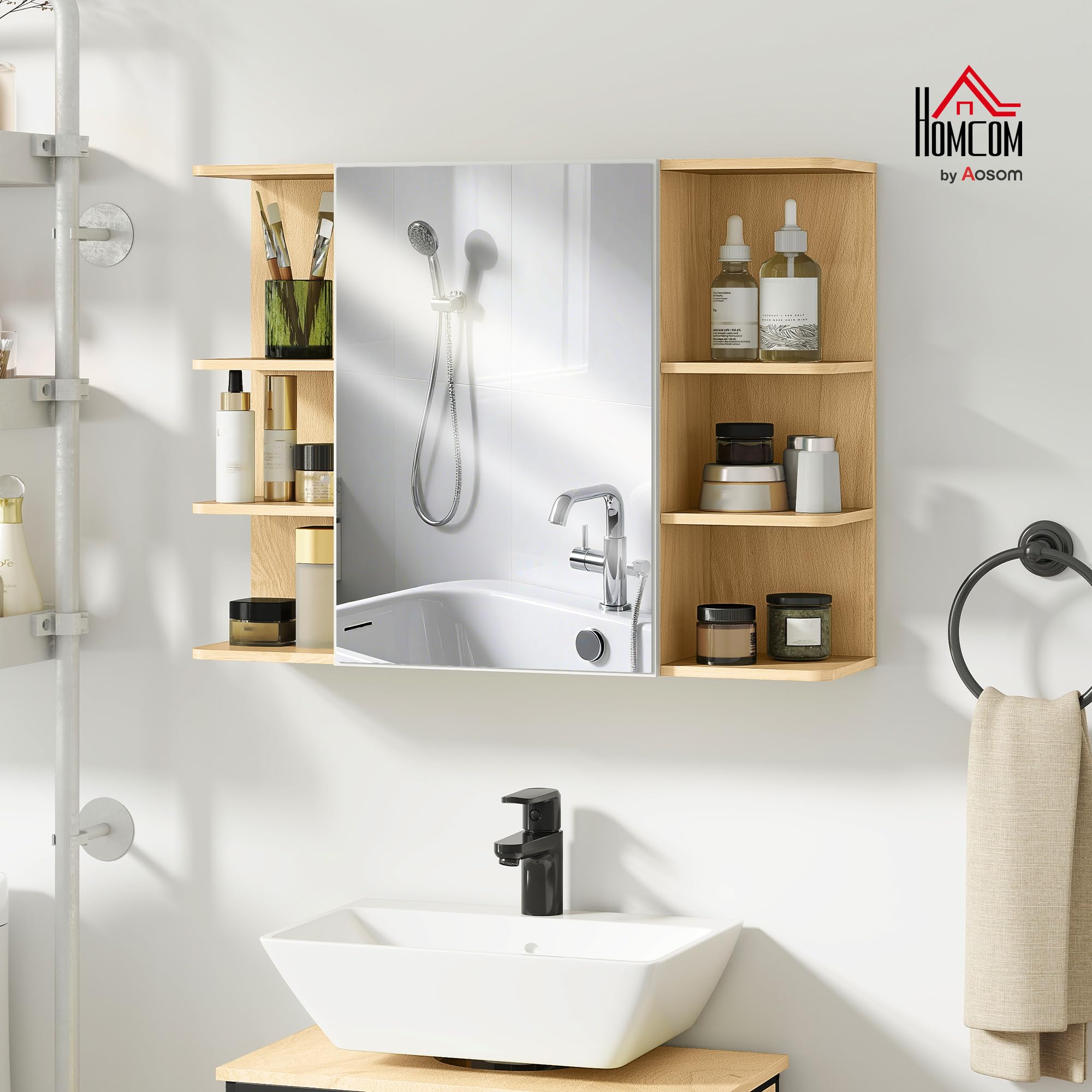HOMCOM Armoire Murale Salle de Bain avec Miroir, Meuble Salle de Bain, Armoire de Toilette avec étagères Ouvertes, Miroir avec Rangement, 80 x 20 x 59 cm, Effet Bois Naturel