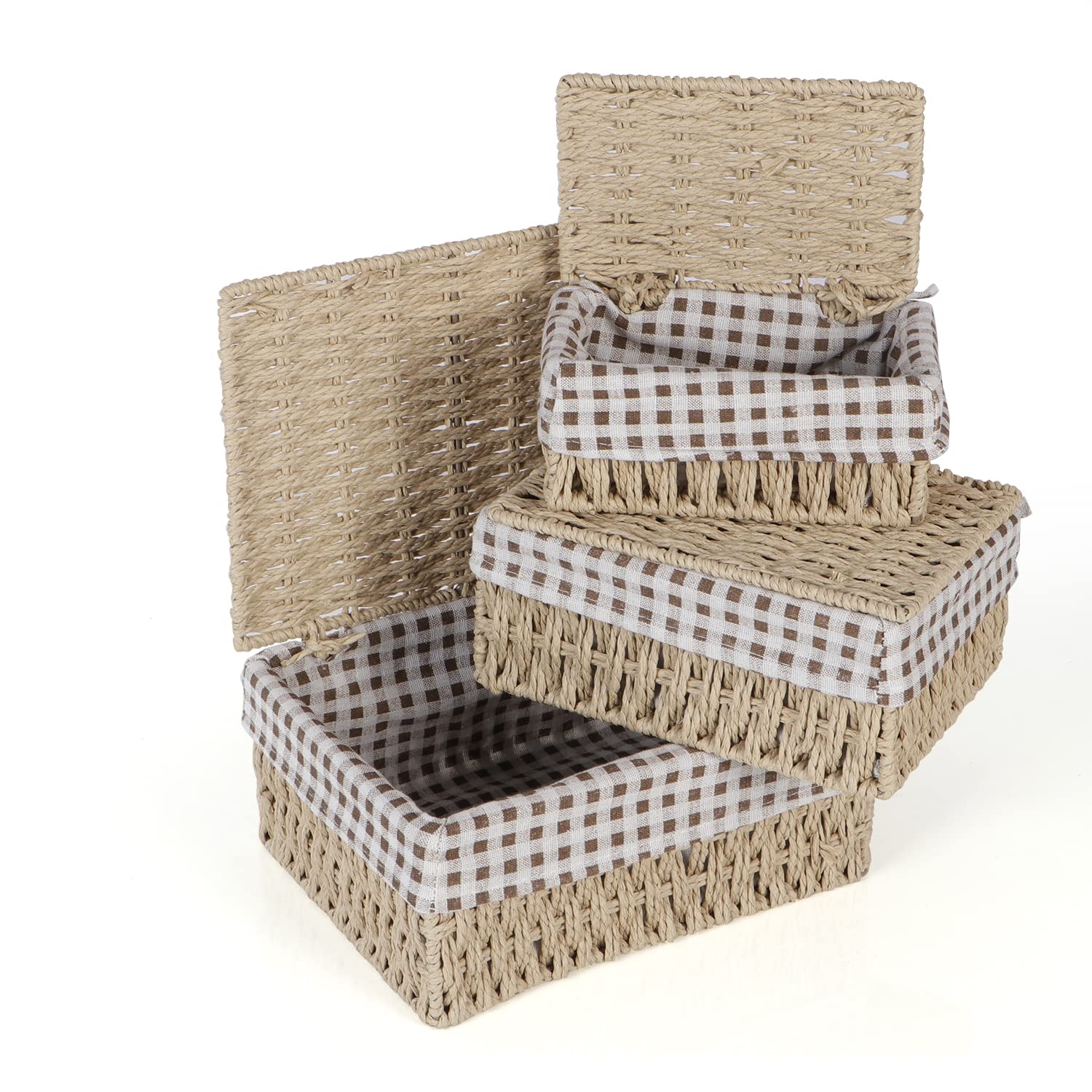 HOKIPO Canastas de mimbre de cuerda de papel ecológicas con tapa, paquete de 3, beige (AR-3905-BGE)