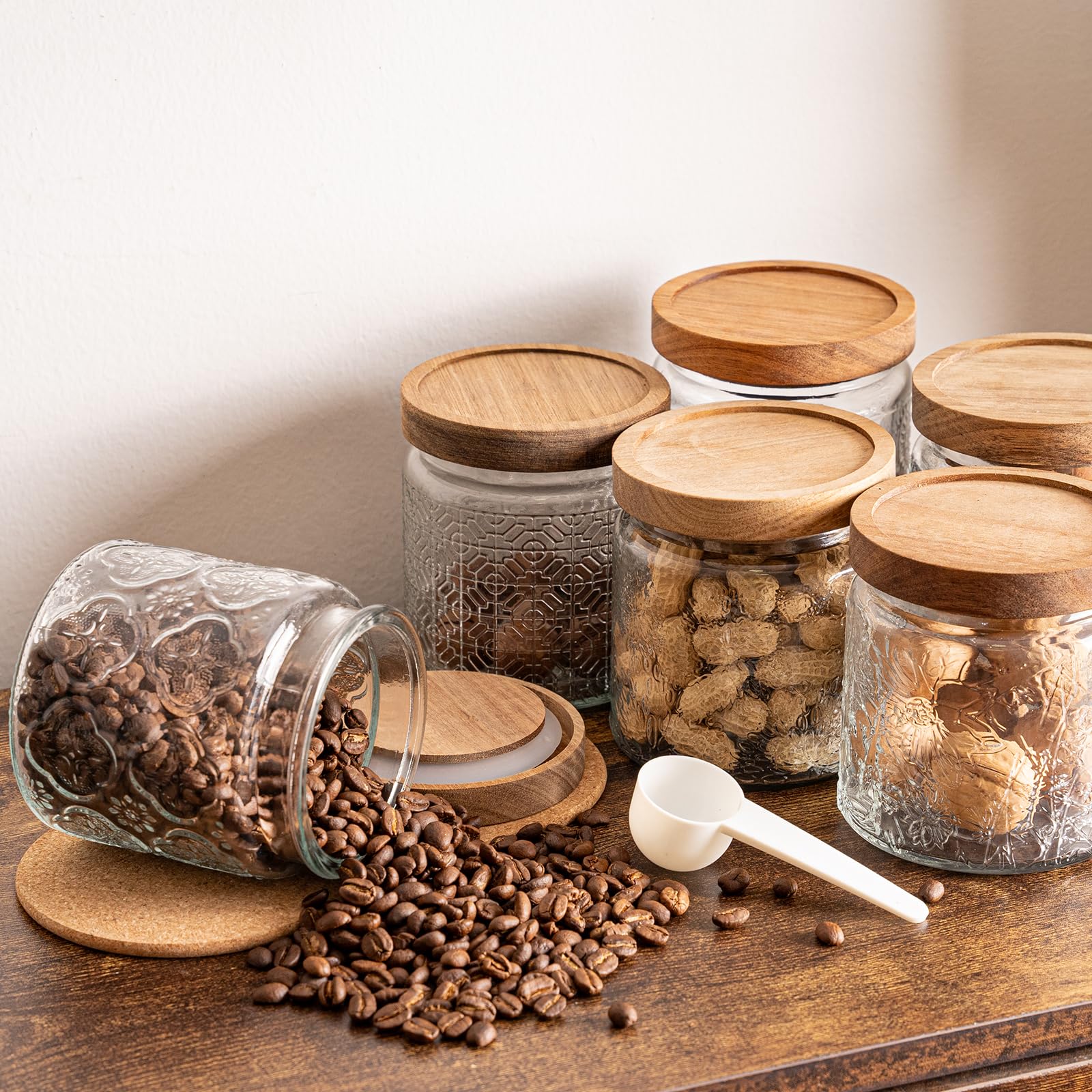 Vorratsdosen aus Glas, 6 Stück, 500 ml, Mehrzweck-Vintage-Aufbewahrungsflasche mit Holzdeckeldichtung für Kaffee, Nüsse, Süßigkeiten, Müsli, Kekse, Gewürze, Mehl und mehr, 6 Stück (6 Stück,